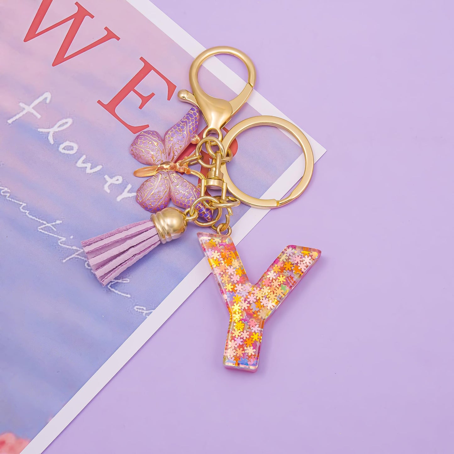 Fashion Alphabet Initial Letter Keychain Tassel Butterfly Pendant Key Ring for Purse Handbags Women Girl