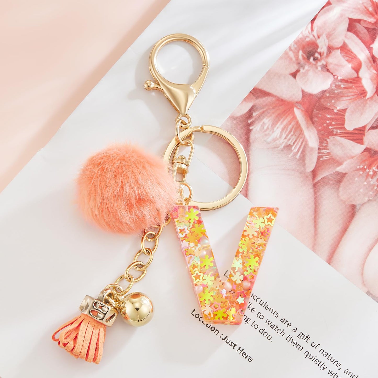 Resin Alphabet Initial Letter Keychain Keyring for Women Purse Handbags With Fur Ball Pom