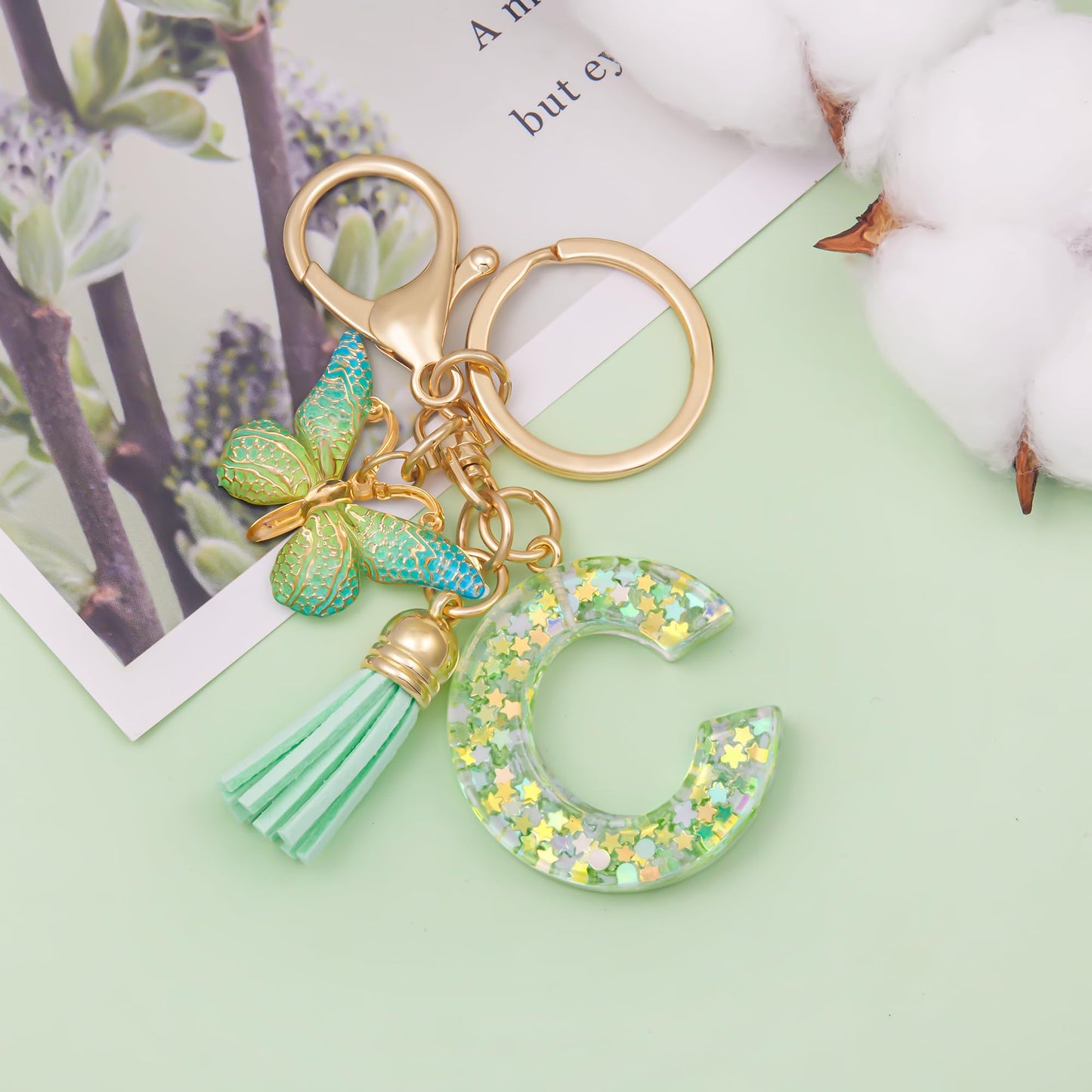 Fashion Alphabet Initial Letter Keychain Tassel Butterfly Pendant Key Ring for Purse Handbags Women Girl