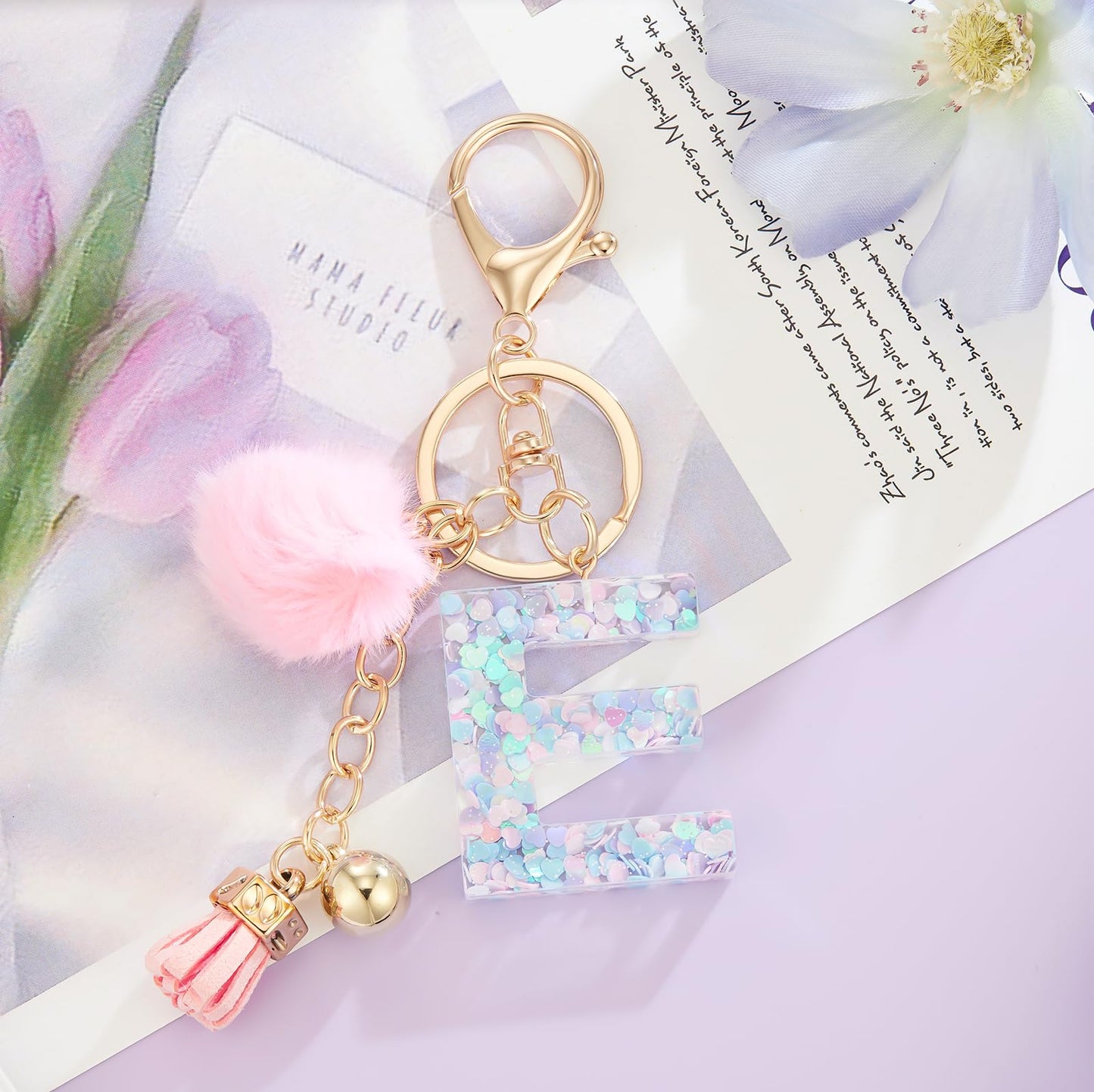 Resin Alphabet Initial Letter Keychain Keyring for Women Purse Handbags With Fur Ball Pom