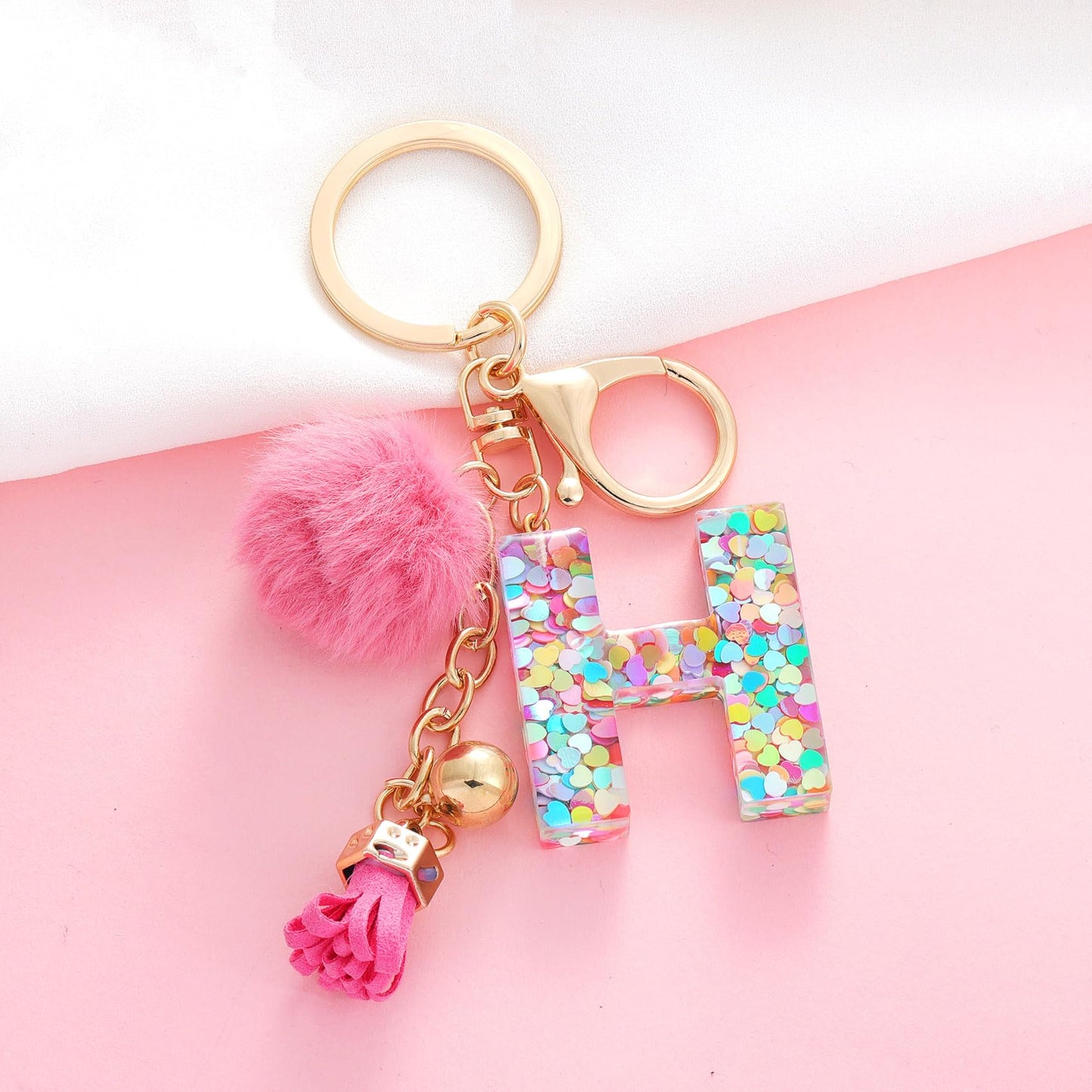 Resin Alphabet Initial Letter Keychain Keyring for Women Purse Handbags With Fur Ball Pom