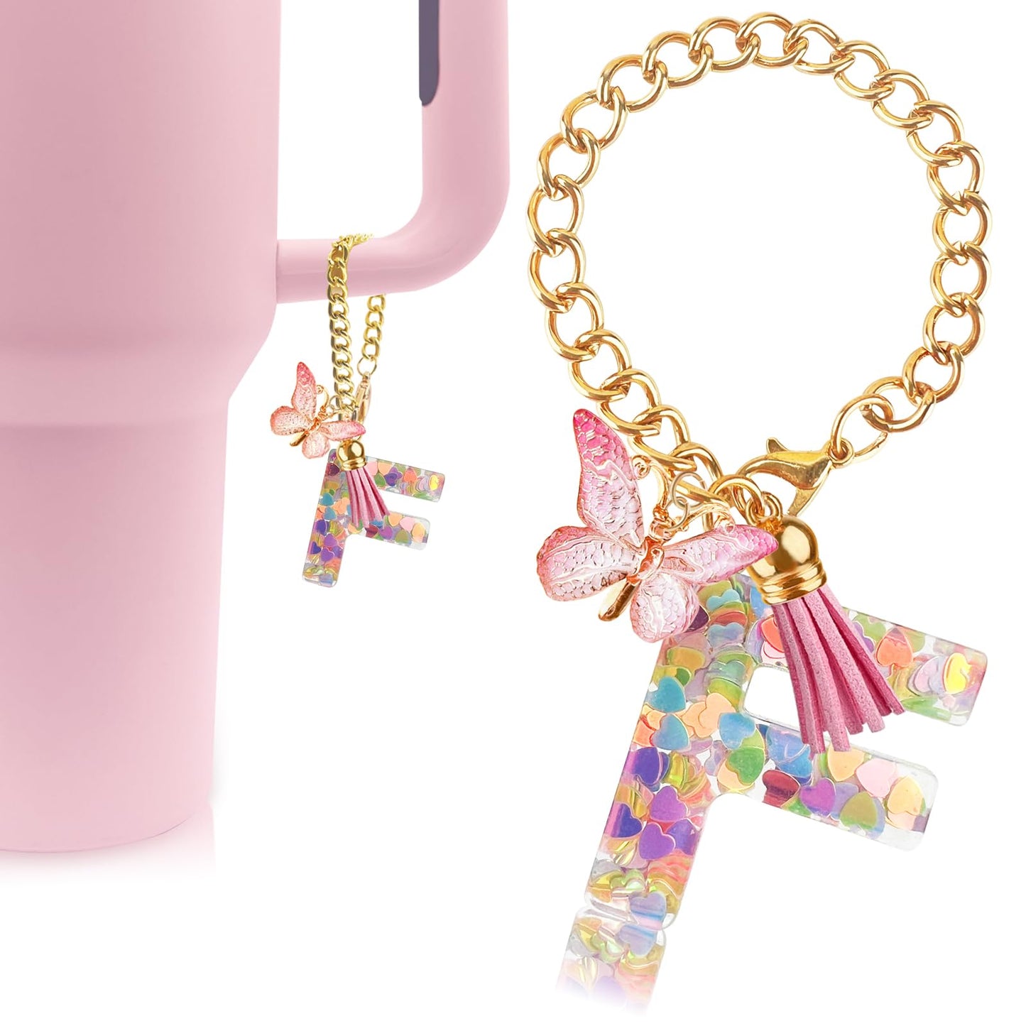 Letter Charm Accessories for Stanley Cup with Handle, Cute Initial Letter A Keychain Handle Charm with Butterfly for Stanley Tumbler for Women Girls