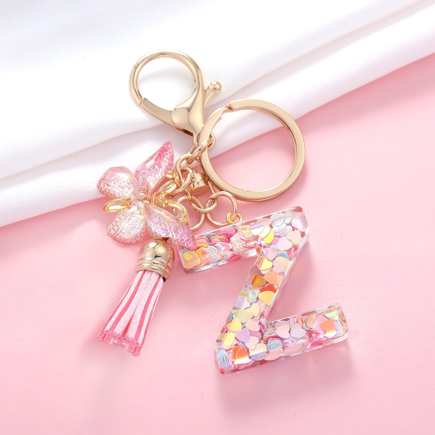 Fashion Alphabet Initial Letter Keychain Tassel Butterfly Pendant Key Ring for Purse Handbags Women Girl