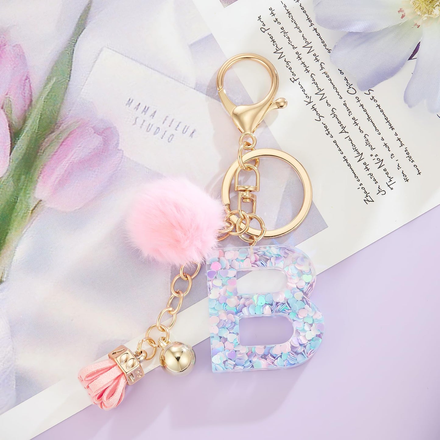 Resin Alphabet Initial Letter Keychain Keyring for Women Purse Handbags With Fur Ball Pom
