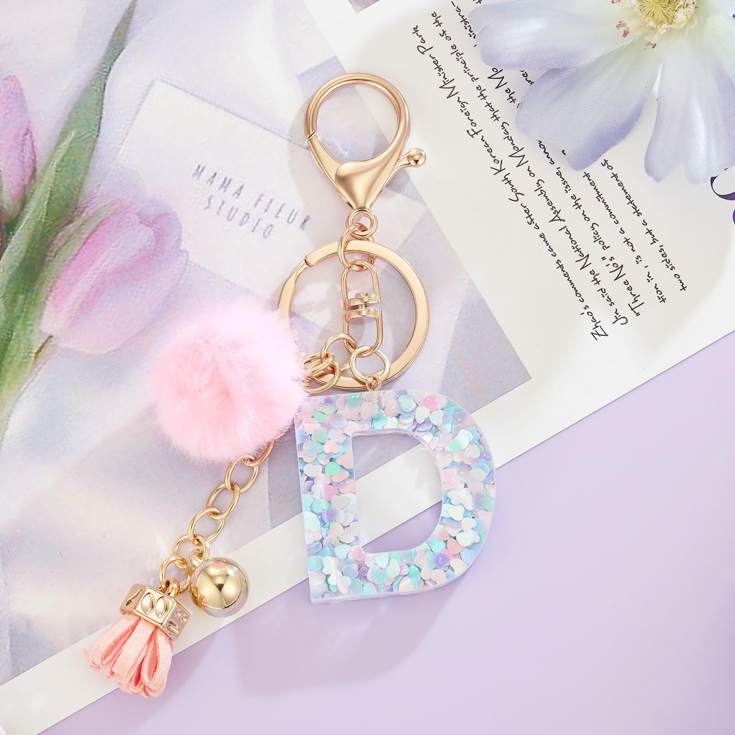 Resin Alphabet Initial Letter Keychain Keyring for Women Purse Handbags With Fur Ball Pom