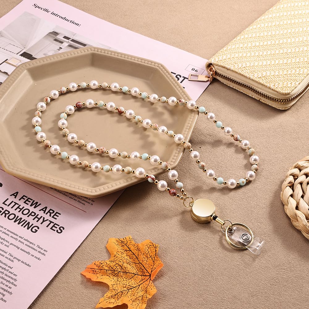 Retractable Pearl ID Badges and Key Lanyards, Natural Crystal Handmade Beaded Teacher Women's Lanyards