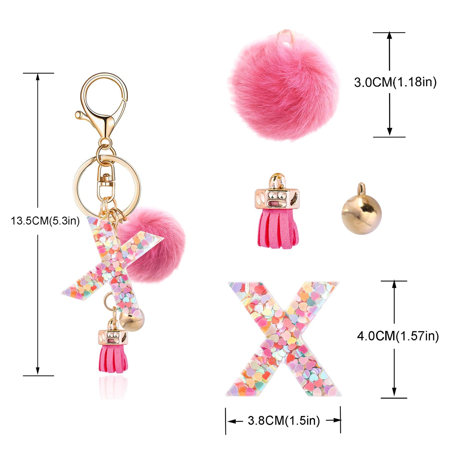 Resin Alphabet Initial Letter Keychain Keyring for Women Purse Handbags With Fur Ball Pom