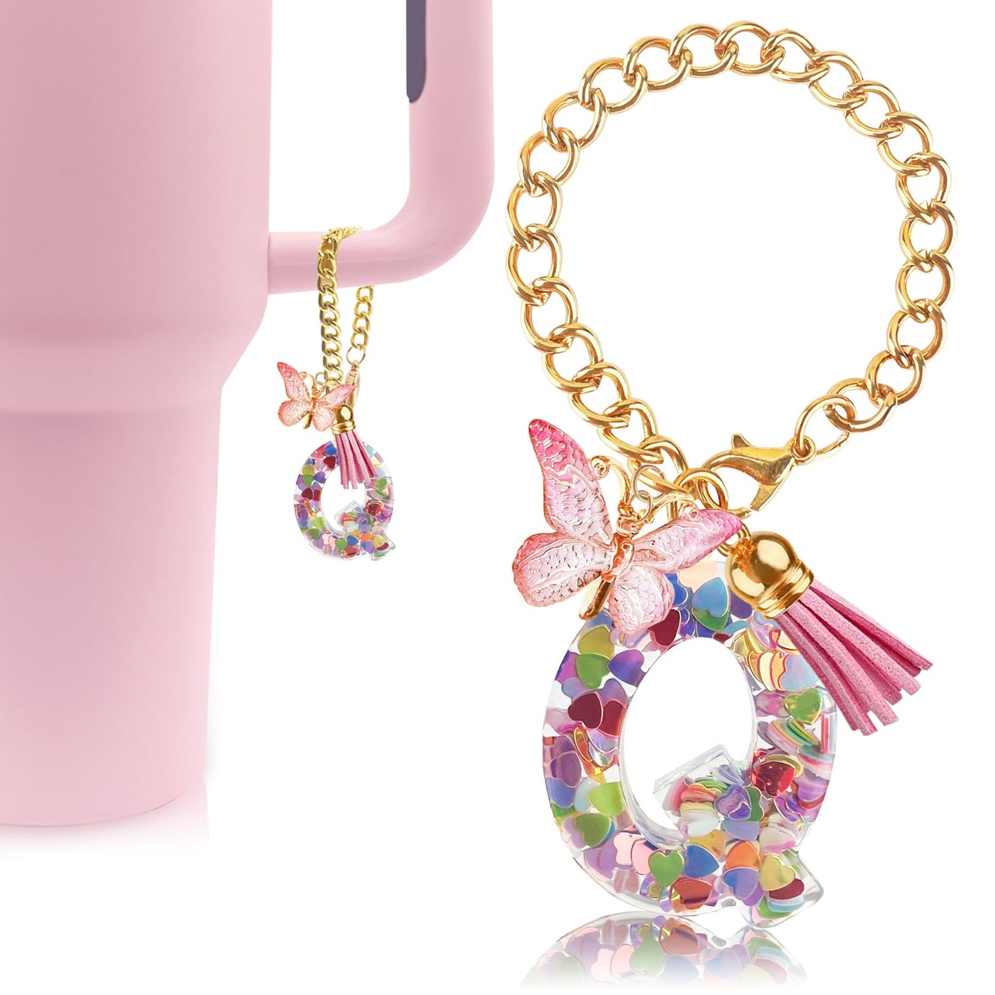 Letter Charm Accessories for Stanley Cup with Handle, Cute Initial Letter A Keychain Handle Charm with Butterfly for Stanley Tumbler for Women Girls