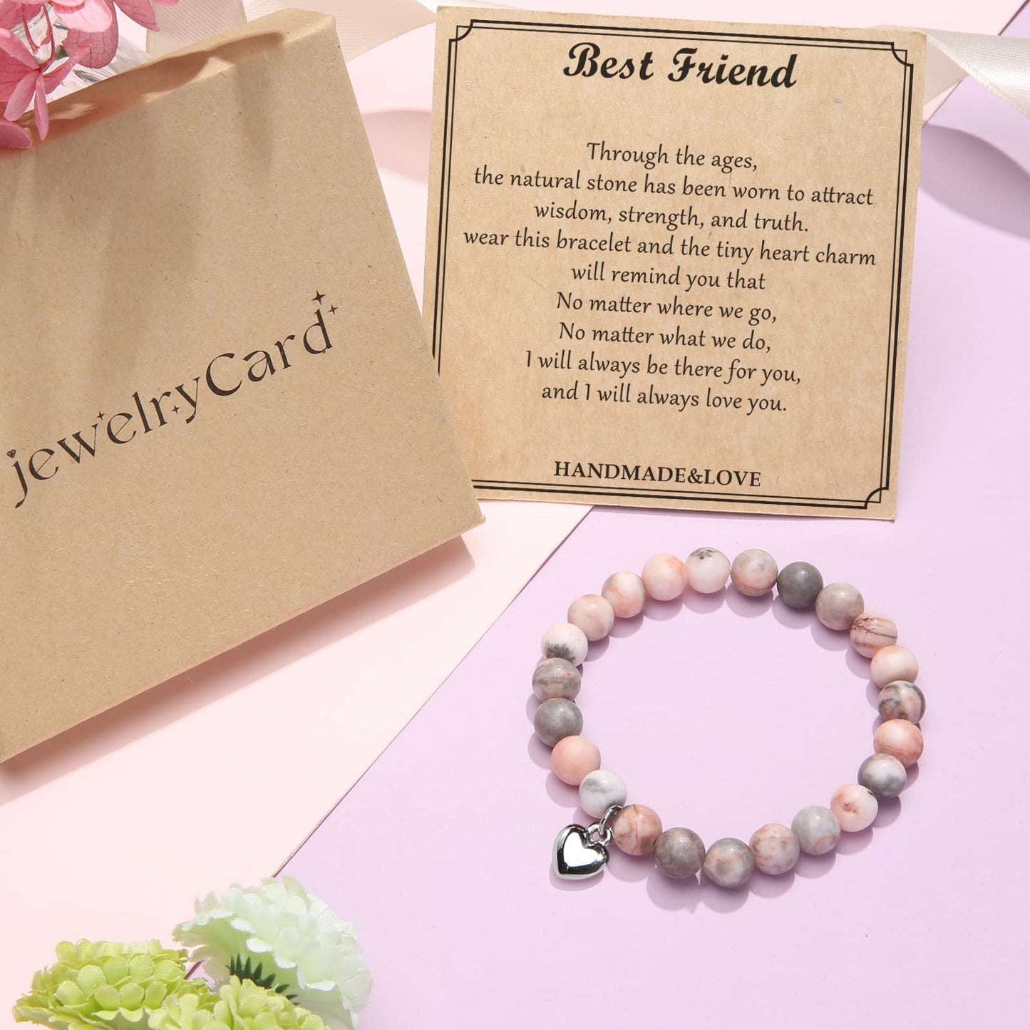 Jewelry&Card Christmas Gifts for Sister Best Friend, Natural Stone Heart Friendship Bracelets for Sister Best Friend Bestie Women