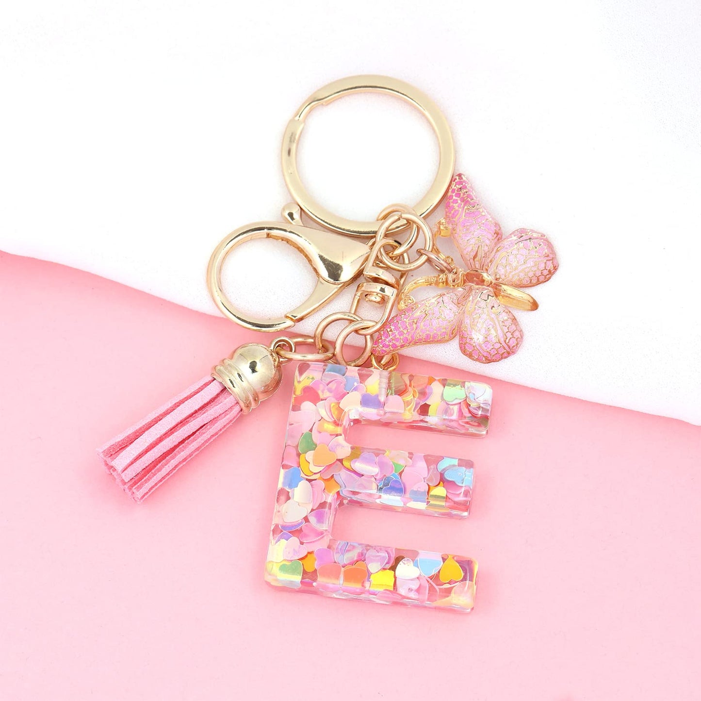 Fashion Alphabet Initial Letter Keychain Tassel Butterfly Pendant Key Ring for Purse Handbags Women Girl