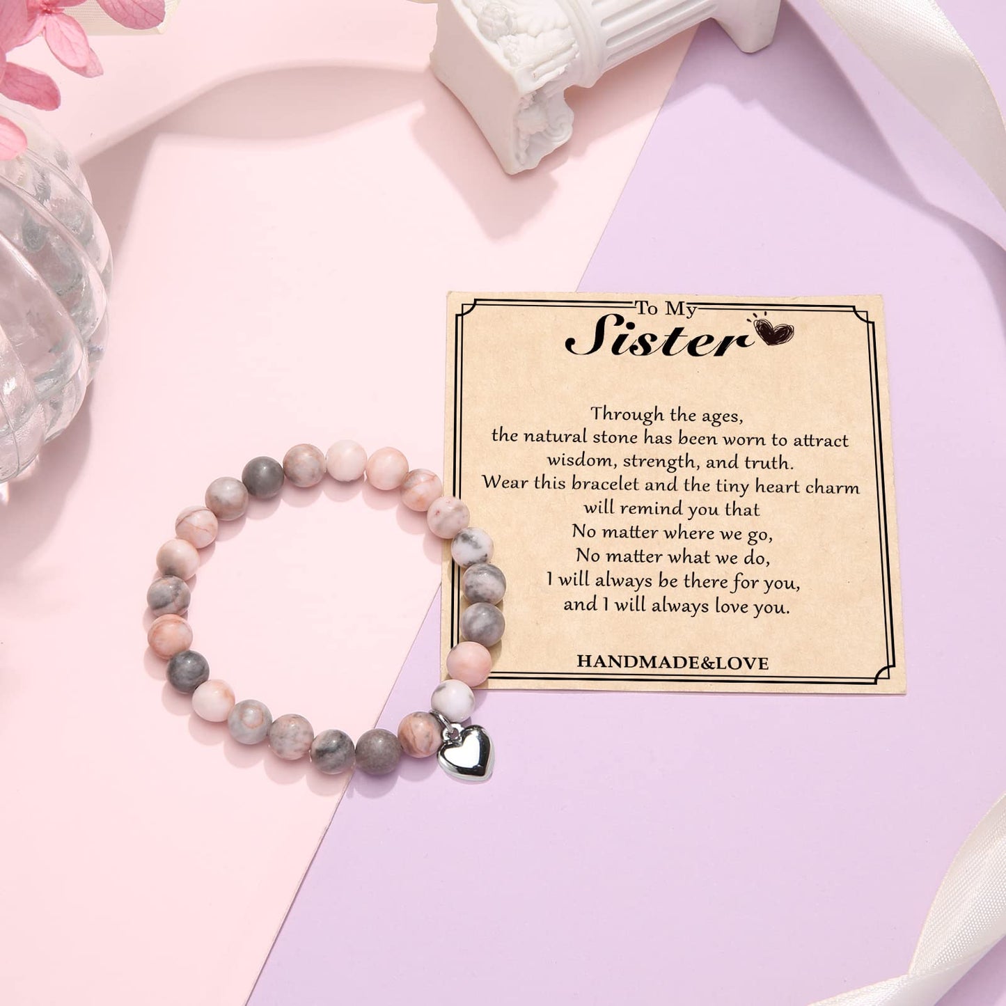 Jewelry&Card Christmas Gifts for Sister Best Friend, Natural Stone Heart Friendship Bracelets for Sister Best Friend Bestie Women