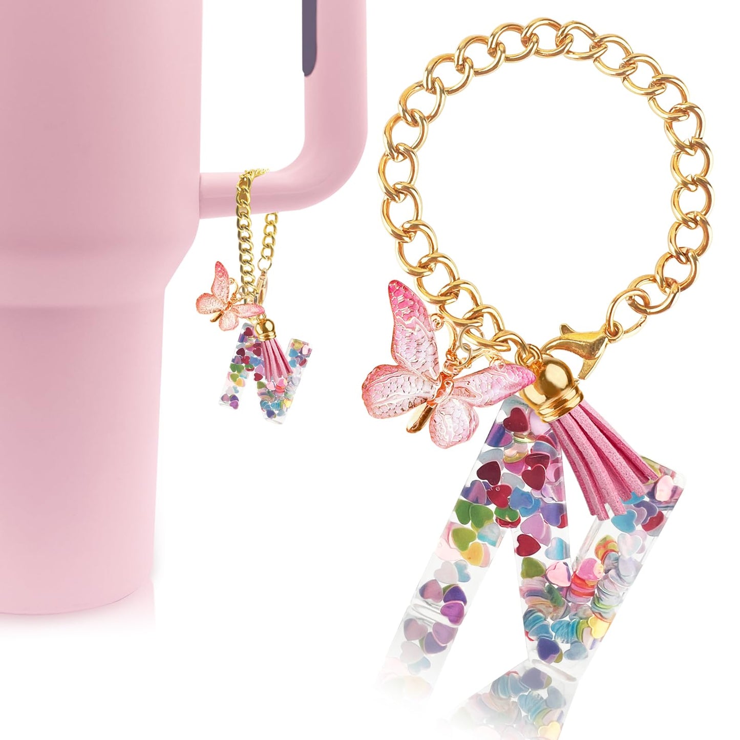 Letter Charm Accessories for Stanley Cup with Handle, Cute Initial Letter A Keychain Handle Charm with Butterfly for Stanley Tumbler for Women Girls