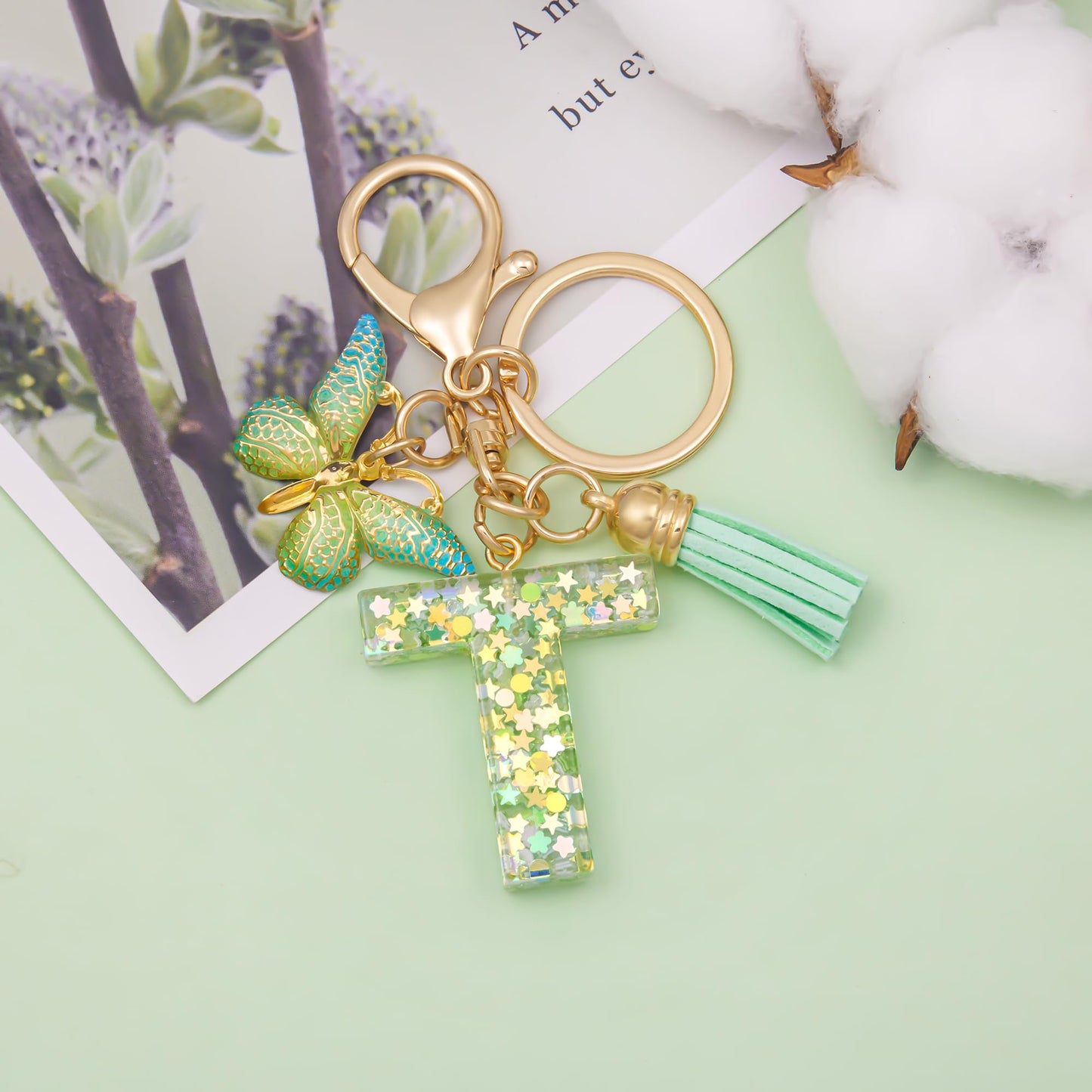 Fashion Alphabet Initial Letter Keychain Tassel Butterfly Pendant Key Ring for Purse Handbags Women Girl