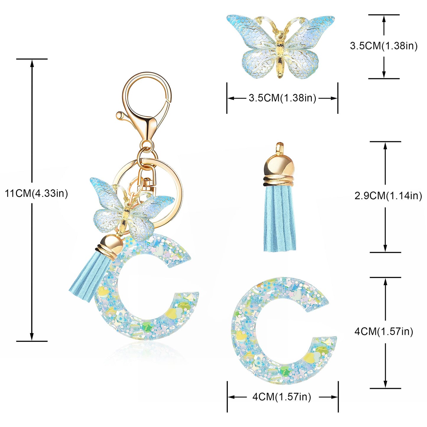 Fashion Alphabet Initial Letter Keychain Tassel Butterfly Pendant Key Ring for Purse Handbags Women Girl
