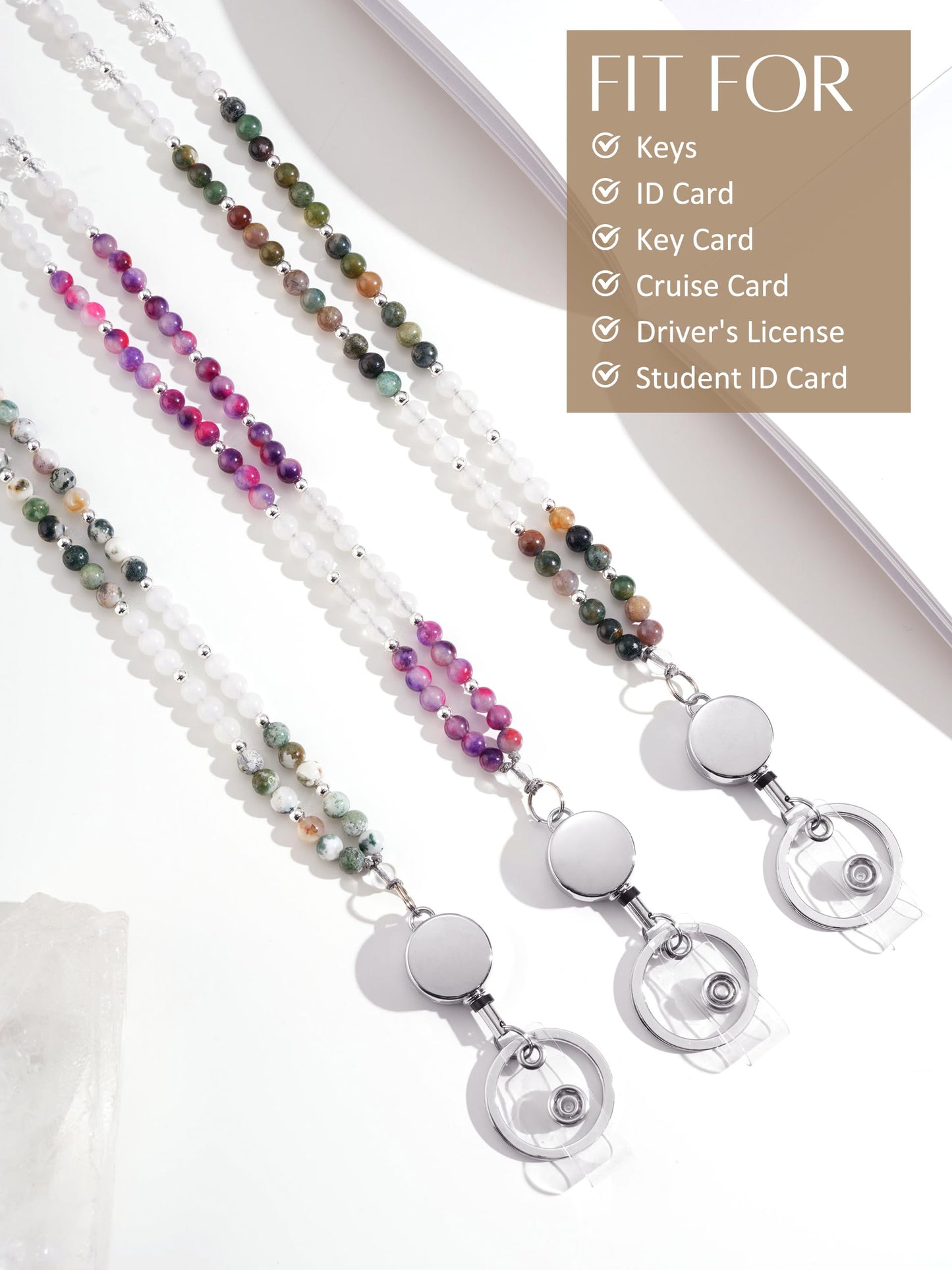 Retractable Lanyards for ID Badges and Keys, Beaded Lanyards for Women Natural Stone, Teacher Lanyard High-Performance Cute Lanyard Morganite