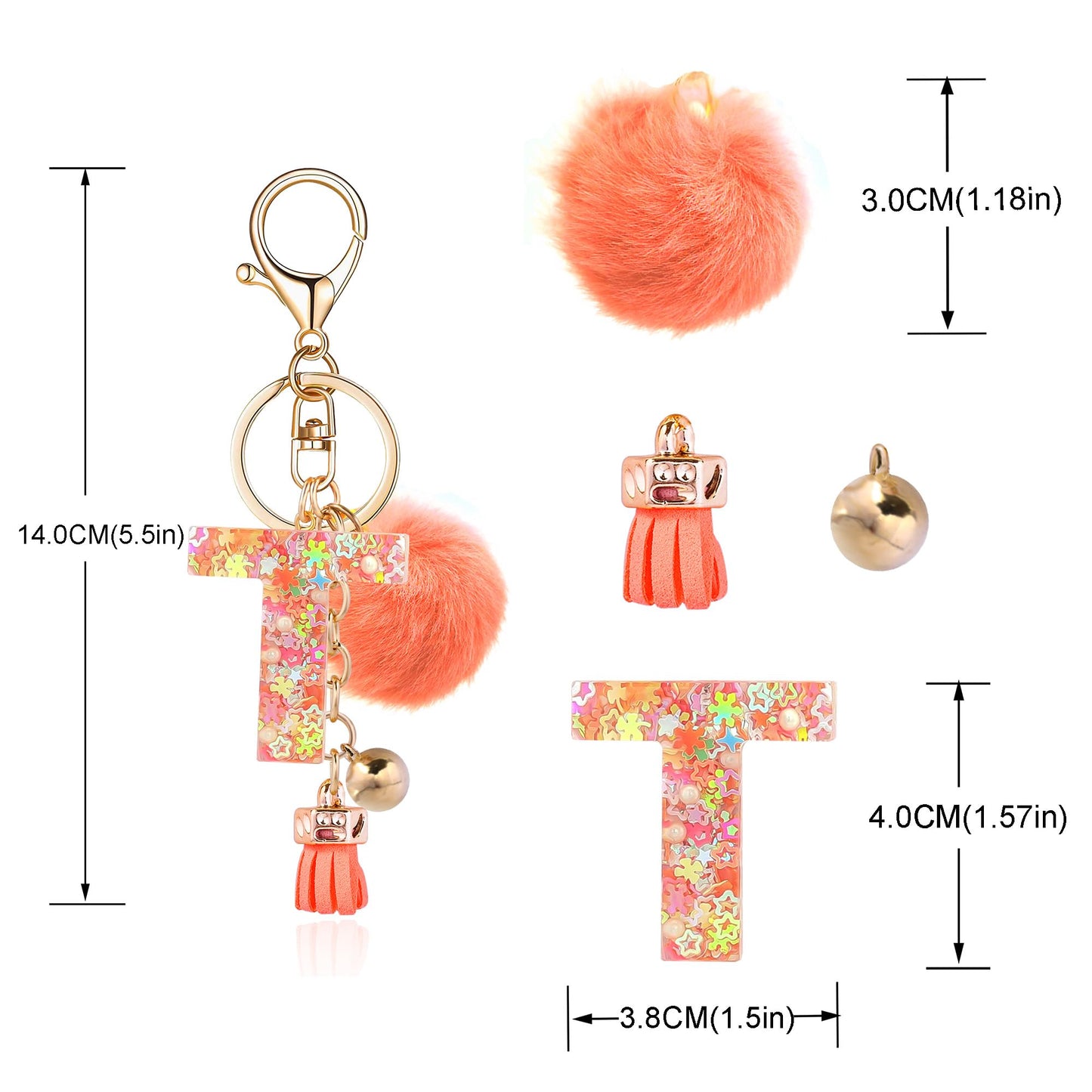 Resin Alphabet Initial Letter Keychain Keyring for Women Purse Handbags With Fur Ball Pom