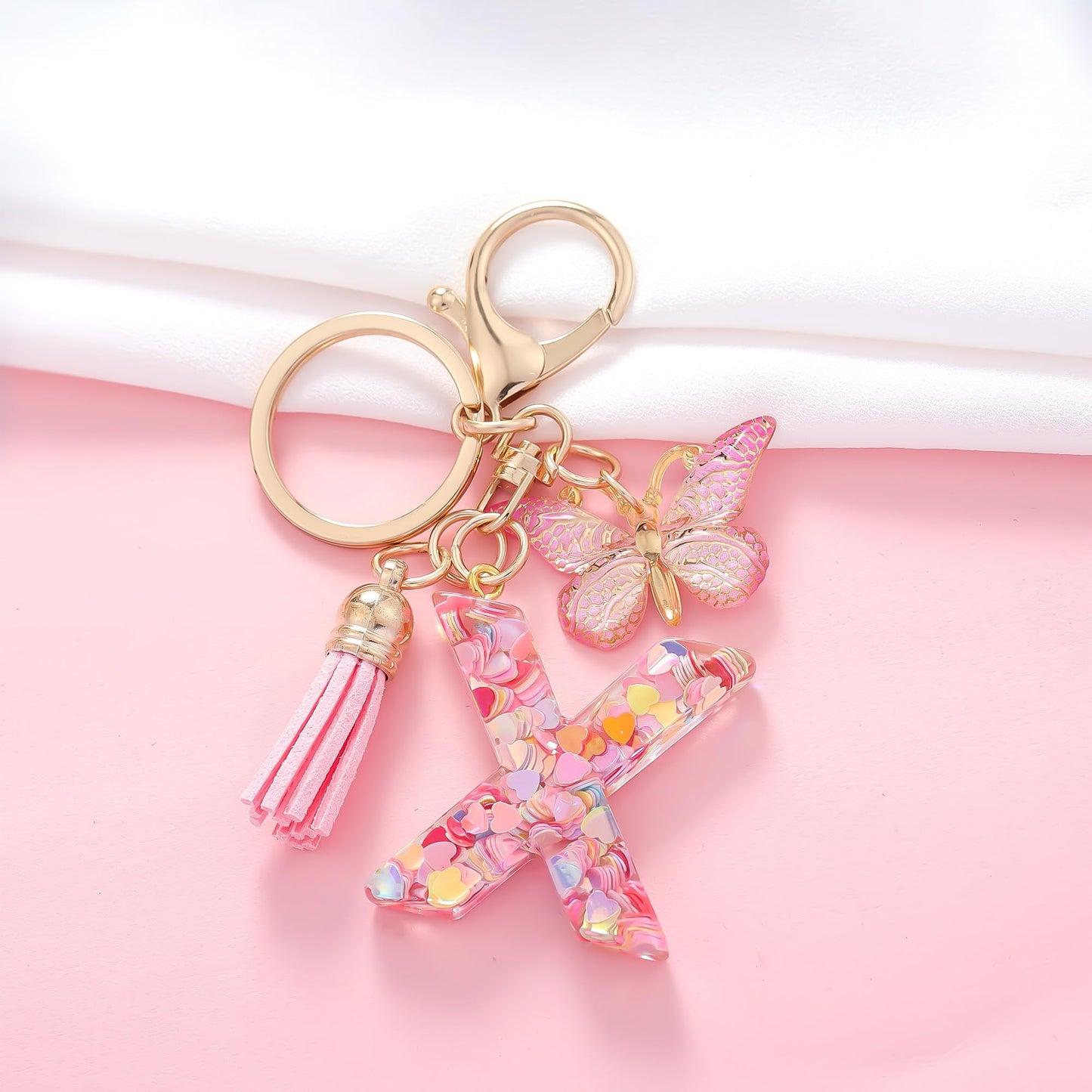 Fashion Alphabet Initial Letter Keychain Tassel Butterfly Pendant Key Ring for Purse Handbags Women Girl
