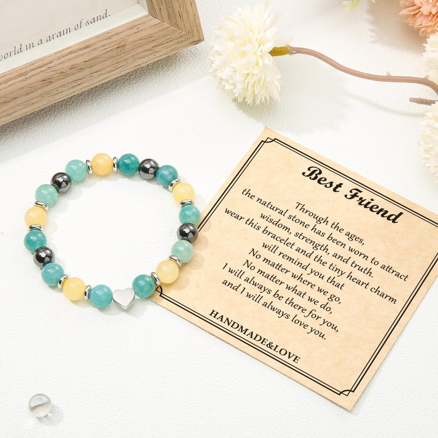Jewelry&Card Christmas Gifts for Sister Best Friend, Natural Stone Heart Friendship Bracelets for Sister Best Friend Bestie Women