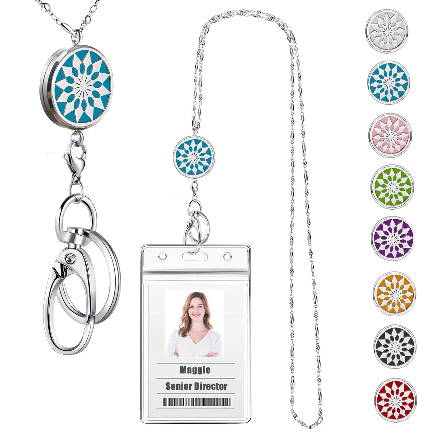 Lanyards for ID Badges Keys Women Cute Teacher Lanyard ID Holder Necklace Silver Chain Fashion Strong Keychain Diffuser Office School Work Jewelry Nurse Teacher Appreciation Gifts Mandala