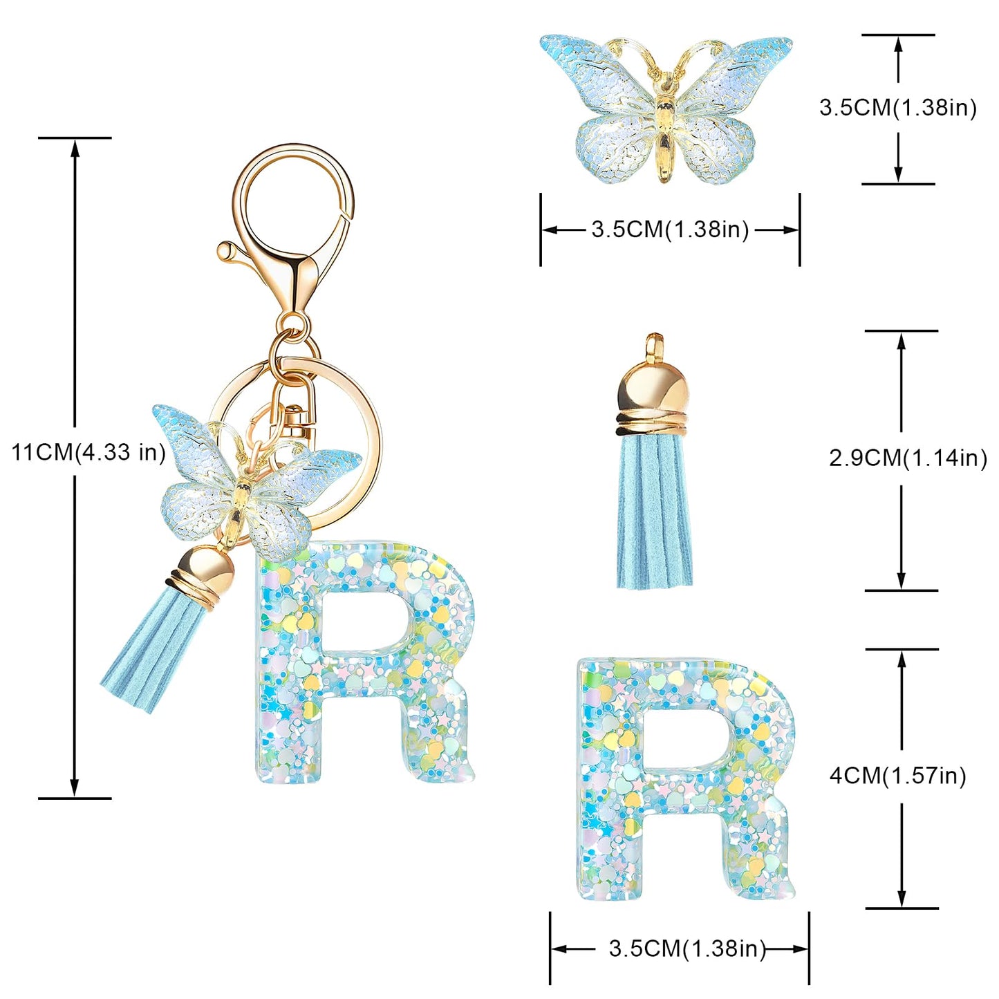 Fashion Alphabet Initial Letter Keychain Tassel Butterfly Pendant Key Ring for Purse Handbags Women Girl