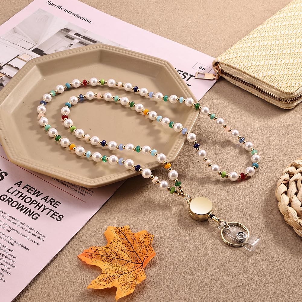 Retractable Pearl ID Badges and Key Lanyards, Natural Crystal Handmade Beaded Teacher Women's Lanyards