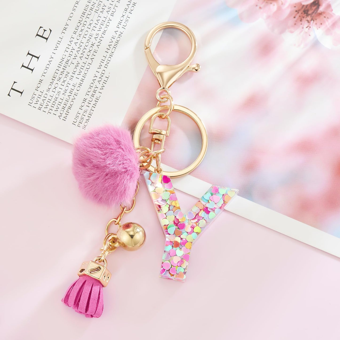 Resin Alphabet Initial Letter Keychain Keyring for Women Purse Handbags With Fur Ball Pom