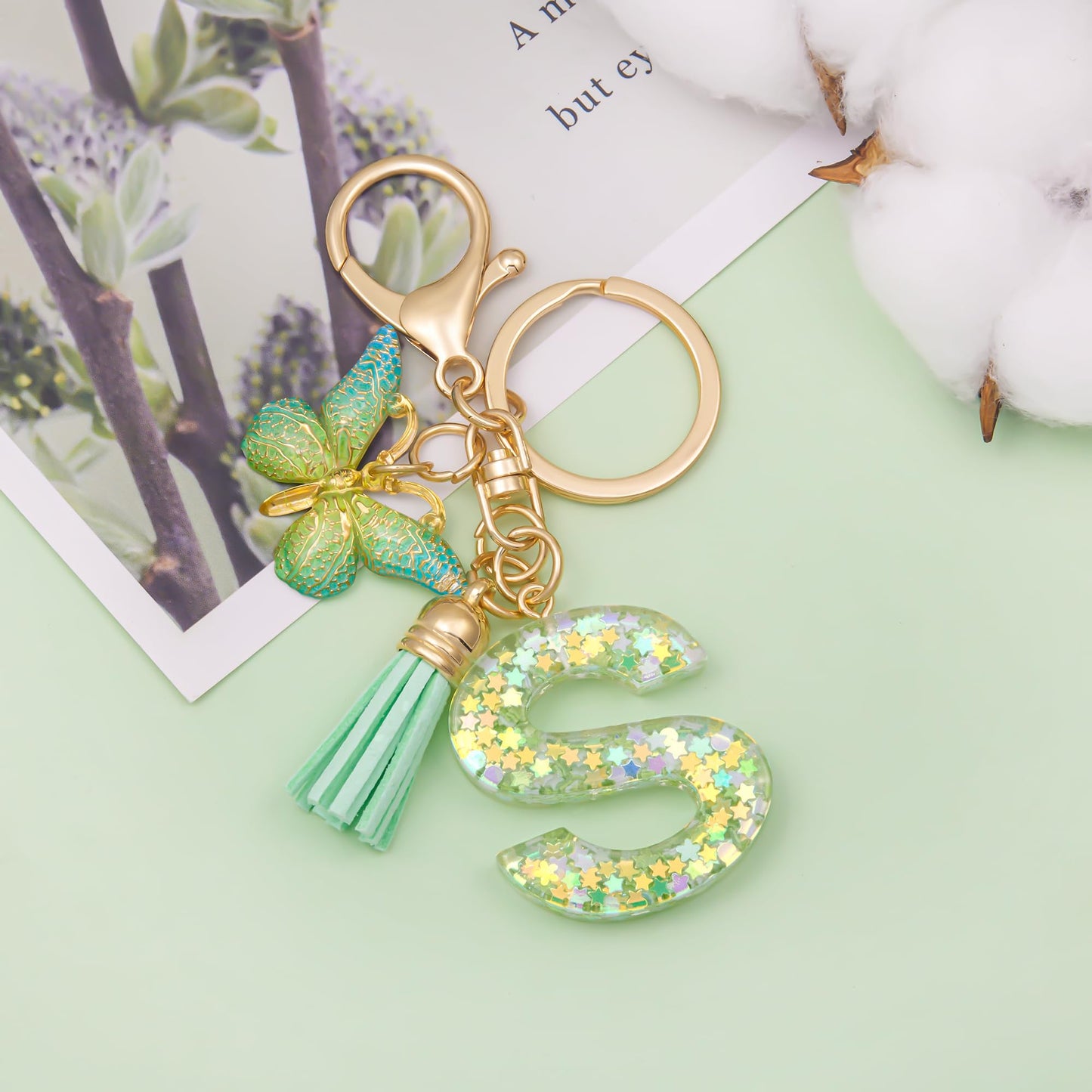 Fashion Alphabet Initial Letter Keychain Tassel Butterfly Pendant Key Ring for Purse Handbags Women Girl