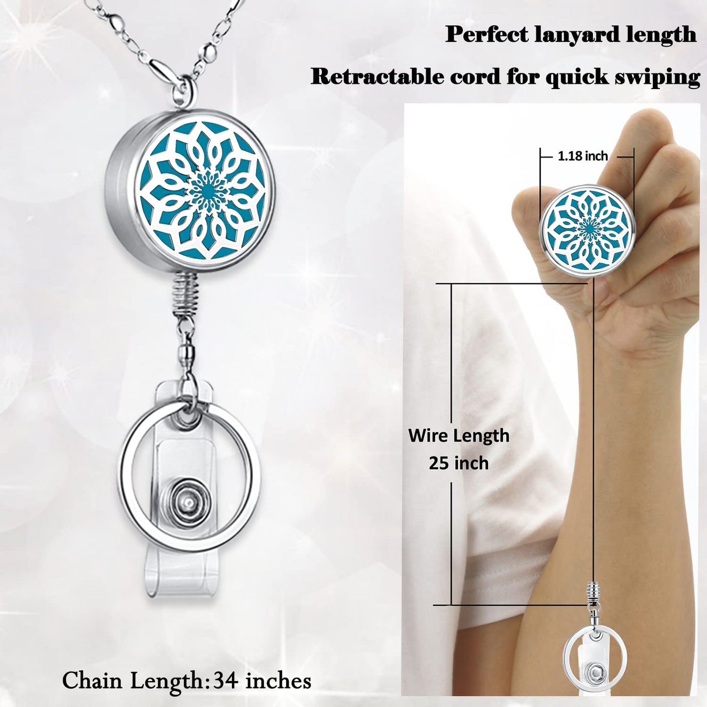 Lanyards for ID Badges Keys Women Cute Teacher Lanyard ID Holder Necklace Silver Chain Fashion Strong Keychain Diffuser Office School Work Jewelry Nurse Teacher Appreciation Gifts Mandala