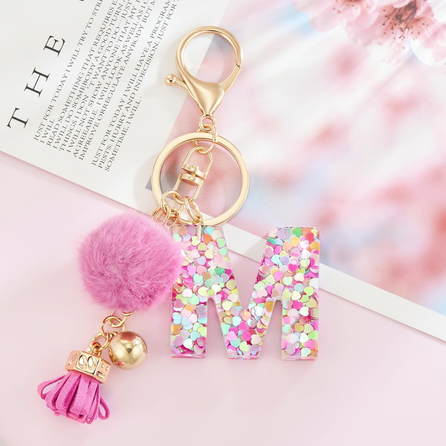 Resin Alphabet Initial Letter Keychain Keyring for Women Purse Handbags With Fur Ball Pom