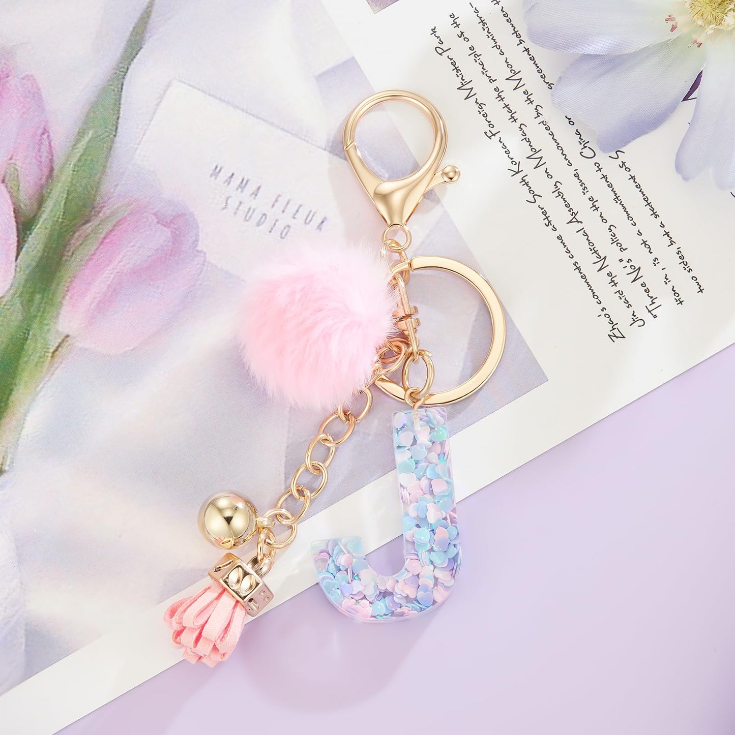 Resin Alphabet Initial Letter Keychain Keyring for Women Purse Handbags With Fur Ball Pom