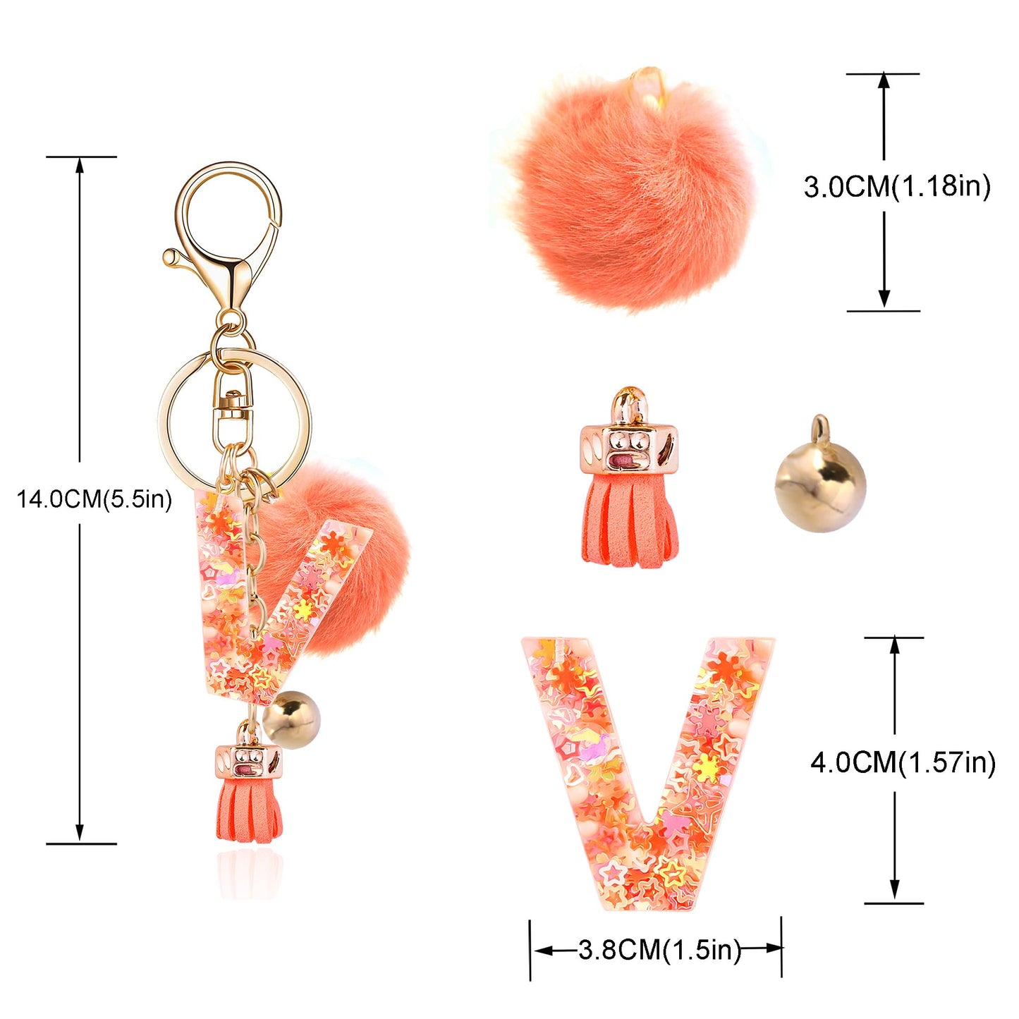 Resin Alphabet Initial Letter Keychain Keyring for Women Purse Handbags With Fur Ball Pom