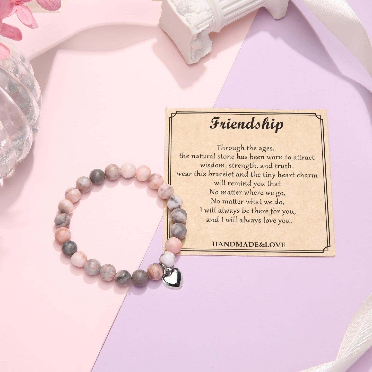 Jewelry&Card Christmas Gifts for Sister Best Friend, Natural Stone Heart Friendship Bracelets for Sister Best Friend Bestie Women