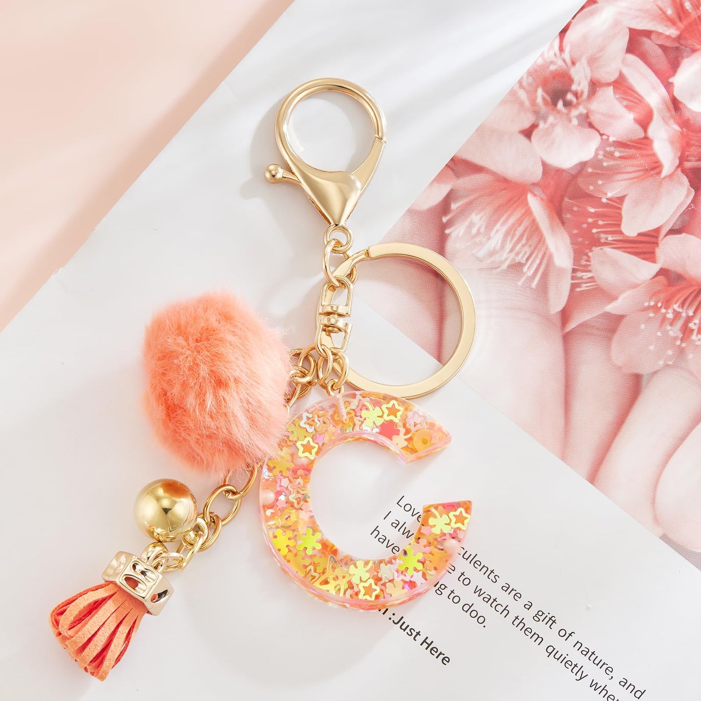 Resin Alphabet Initial Letter Keychain Keyring for Women Purse Handbags With Fur Ball Pom