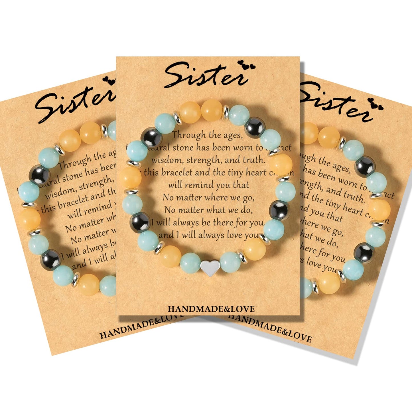 Jewelry&Card Christmas Gifts for Sister Best Friend, Natural Stone Heart Friendship Bracelets for Sister Best Friend Bestie Women