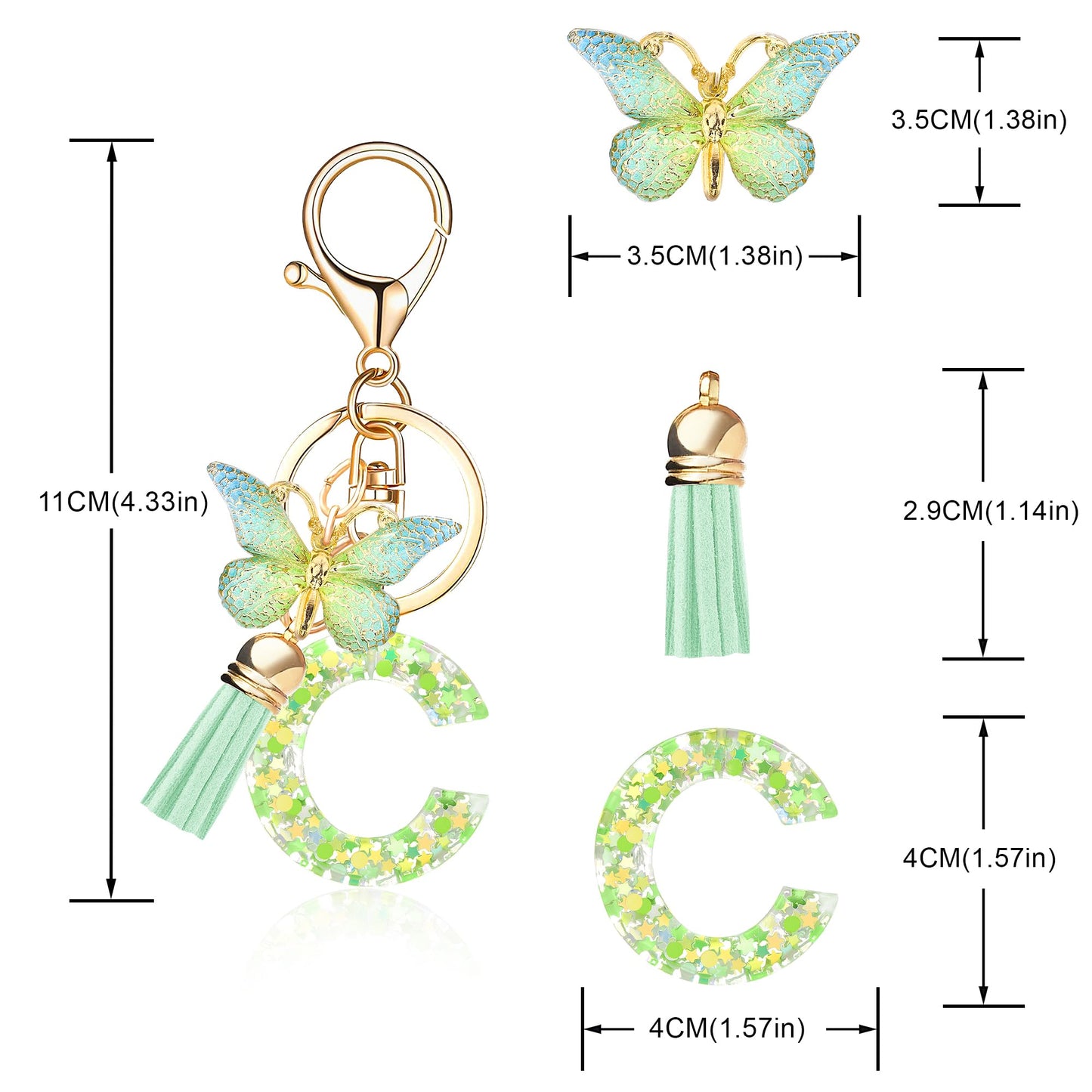 Fashion Alphabet Initial Letter Keychain Tassel Butterfly Pendant Key Ring for Purse Handbags Women Girl