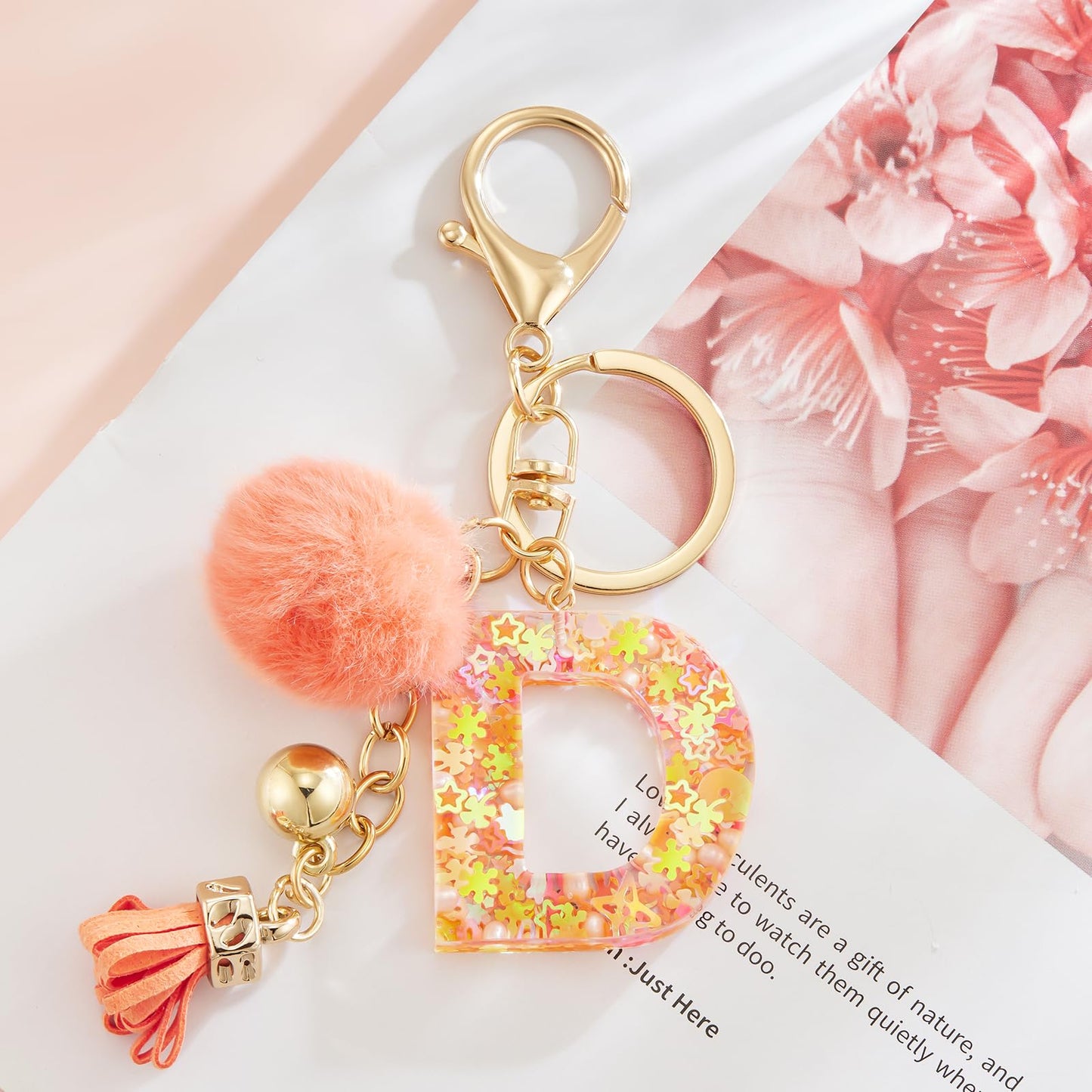Resin Alphabet Initial Letter Keychain Keyring for Women Purse Handbags With Fur Ball Pom