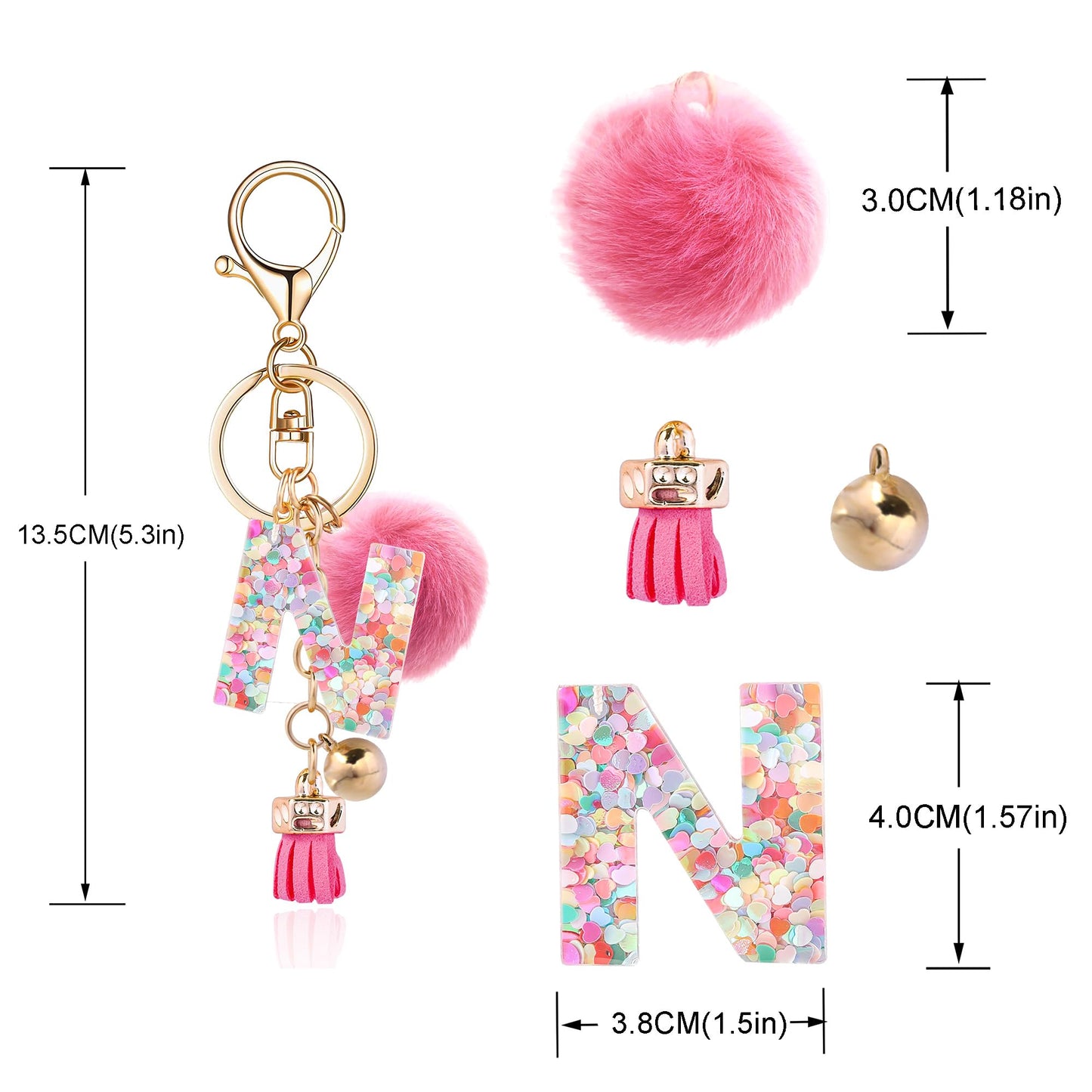 Resin Alphabet Initial Letter Keychain Keyring for Women Purse Handbags With Fur Ball Pom