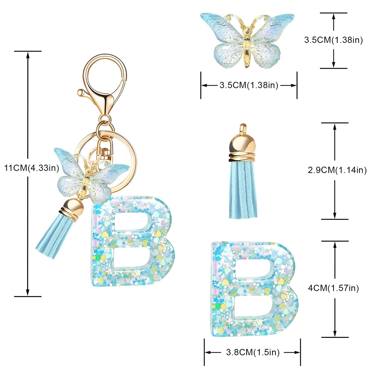 Fashion Alphabet Initial Letter Keychain Tassel Butterfly Pendant Key Ring for Purse Handbags Women Girl