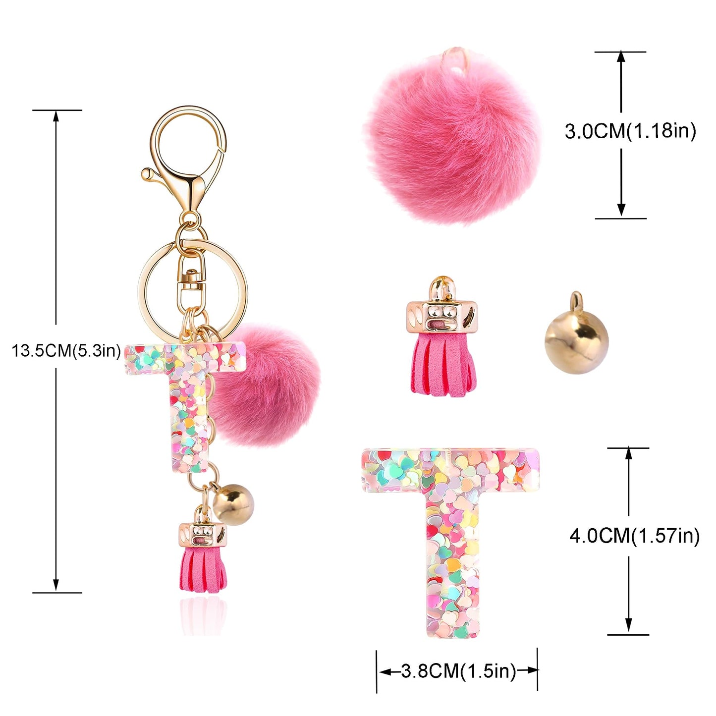 Resin Alphabet Initial Letter Keychain Keyring for Women Purse Handbags With Fur Ball Pom