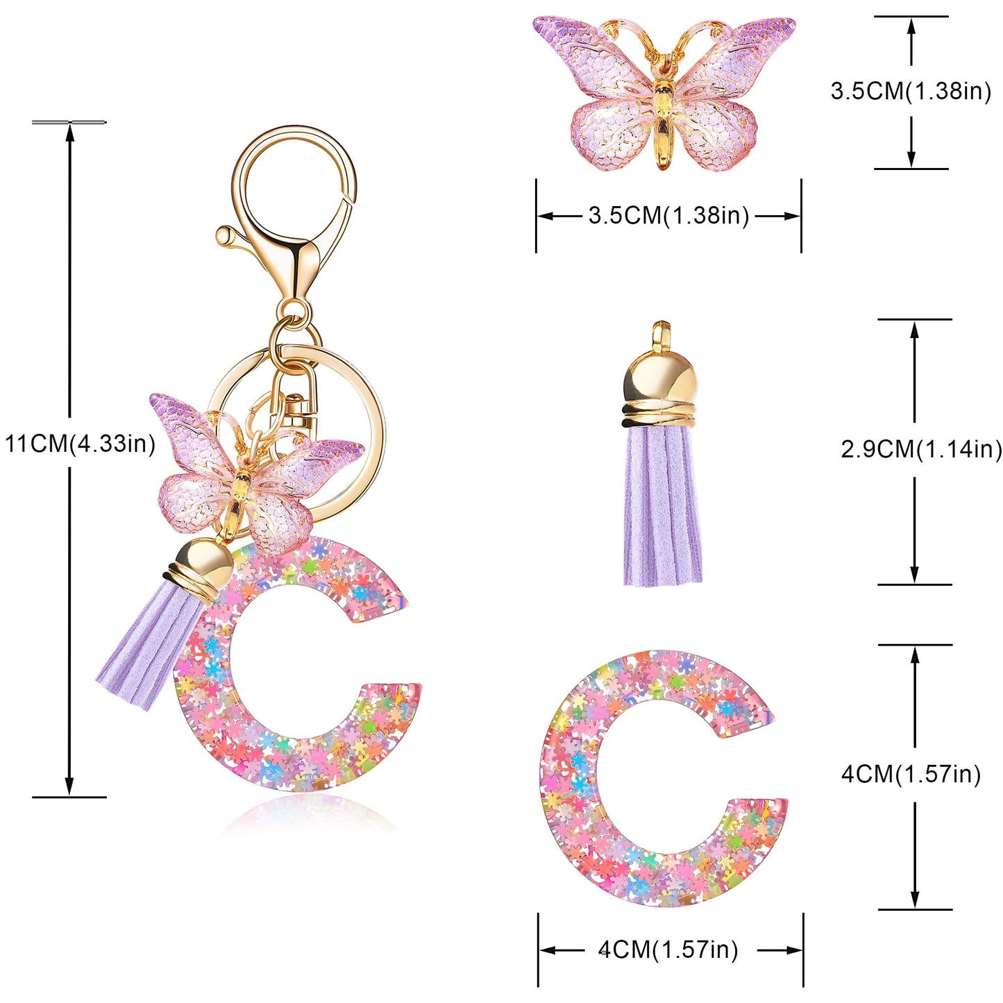 Fashion Alphabet Initial Letter Keychain Tassel Butterfly Pendant Key Ring for Purse Handbags Women Girl