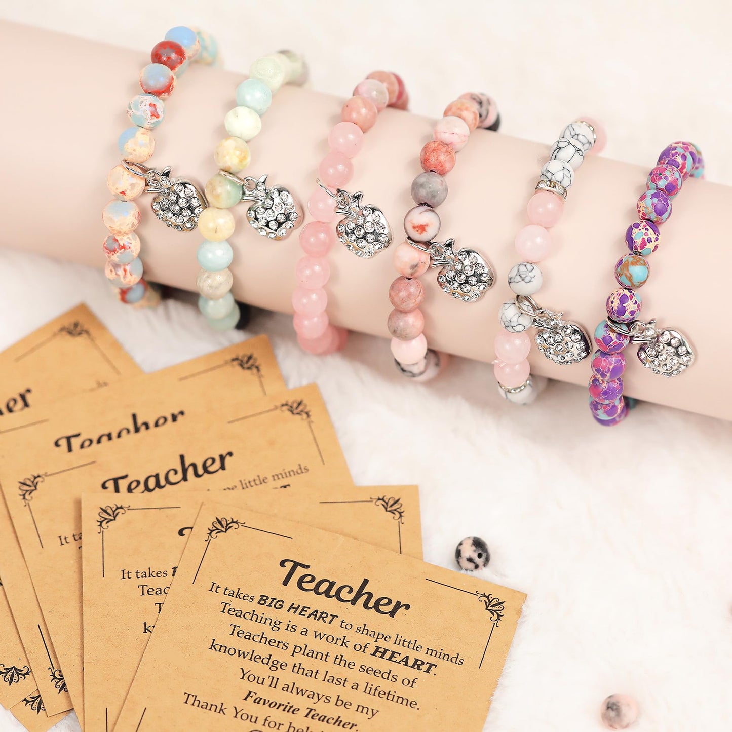 6Pcs Teacher Gifts for Women, Teacher Appreciation Gifts for Women in Bulk, Natural Stone Thank You Teacher Christmas Gifts Bracelet with Message Card, Valentines Day End of Year Gifts for Teachers