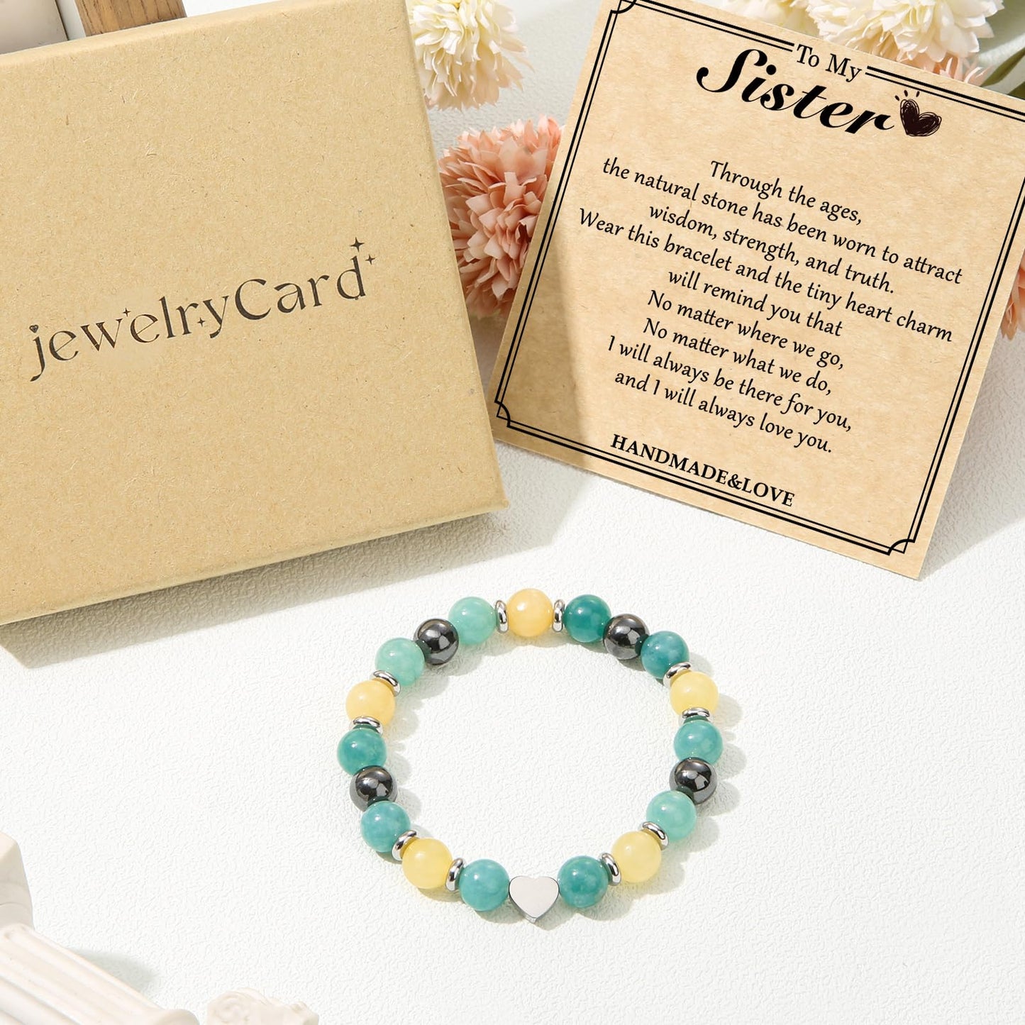 Jewelry&Card Christmas Gifts for Sister Best Friend, Natural Stone Heart Friendship Bracelets for Sister Best Friend Bestie Women