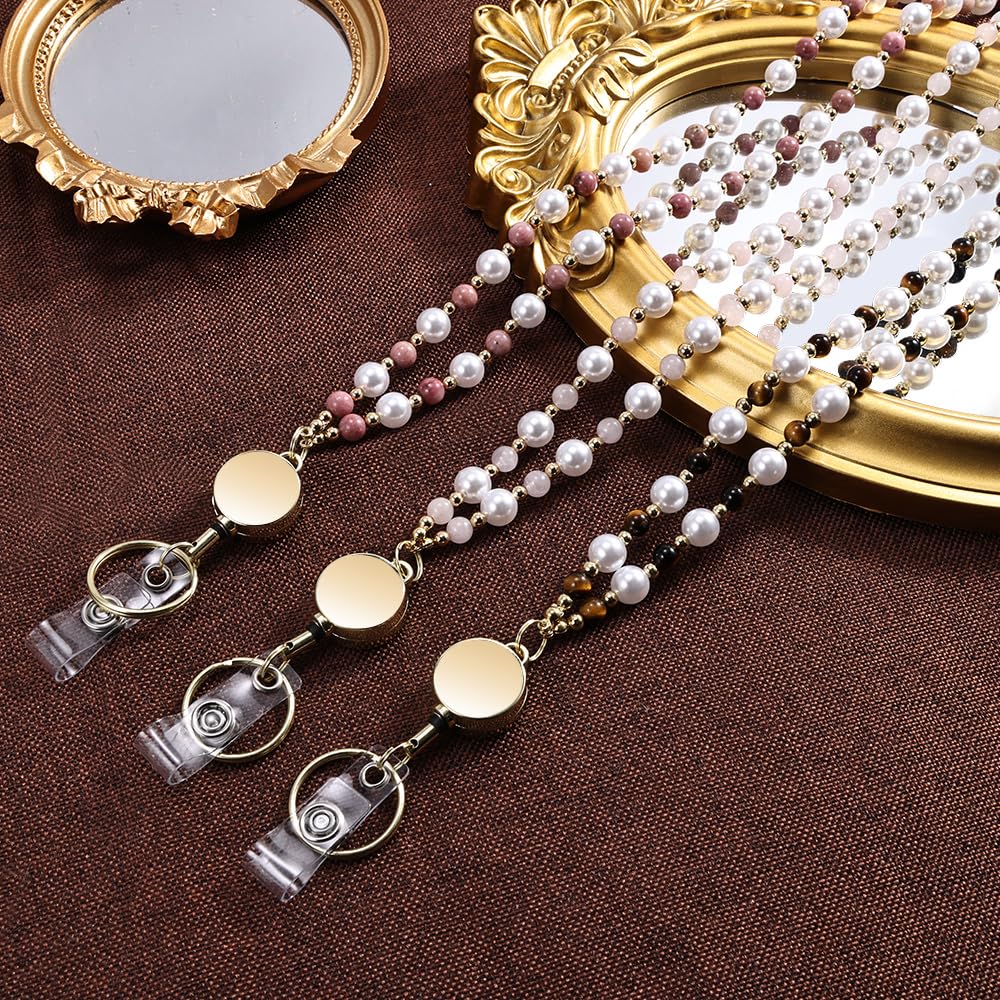 Retractable Pearl ID Badges and Key Lanyards, Natural Crystal Handmade Beaded Teacher Women's Lanyards