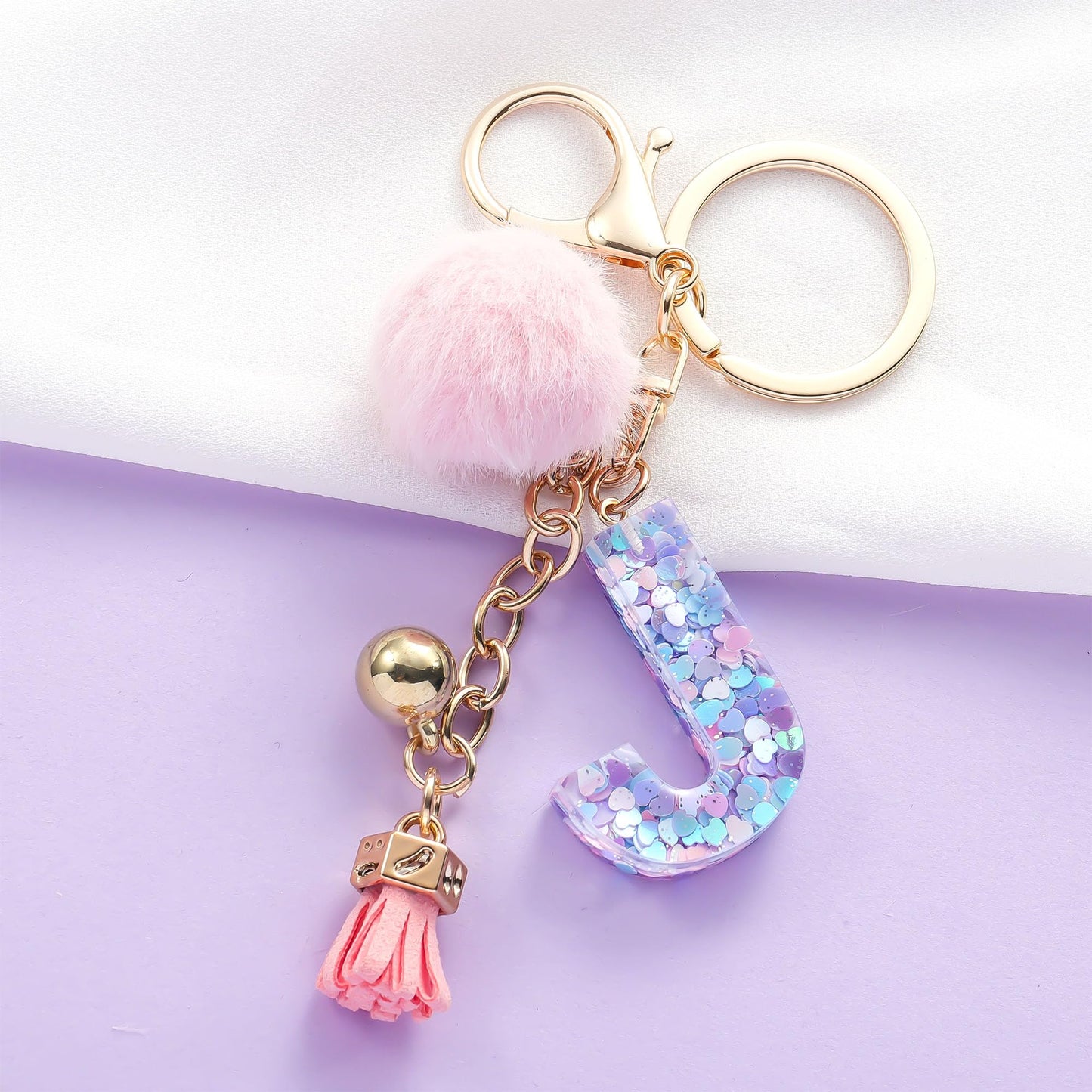Resin Alphabet Initial Letter Keychain Keyring for Women Purse Handbags With Fur Ball Pom