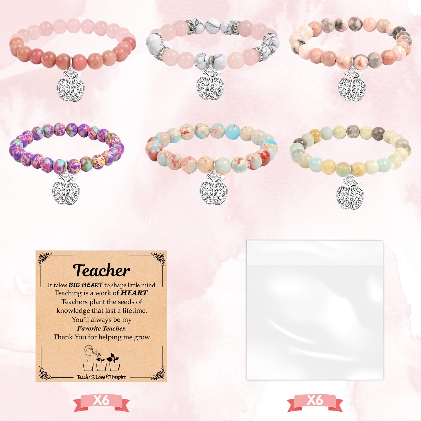 6Pcs Teacher Gifts for Women, Teacher Appreciation Gifts for Women in Bulk, Natural Stone Thank You Teacher Christmas Gifts Bracelet with Message Card, Valentines Day End of Year Gifts for Teachers