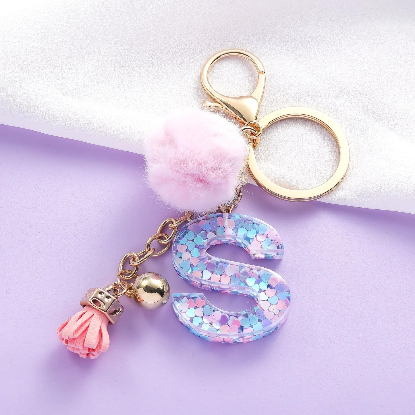 Resin Alphabet Initial Letter Keychain Keyring for Women Purse Handbags With Fur Ball Pom