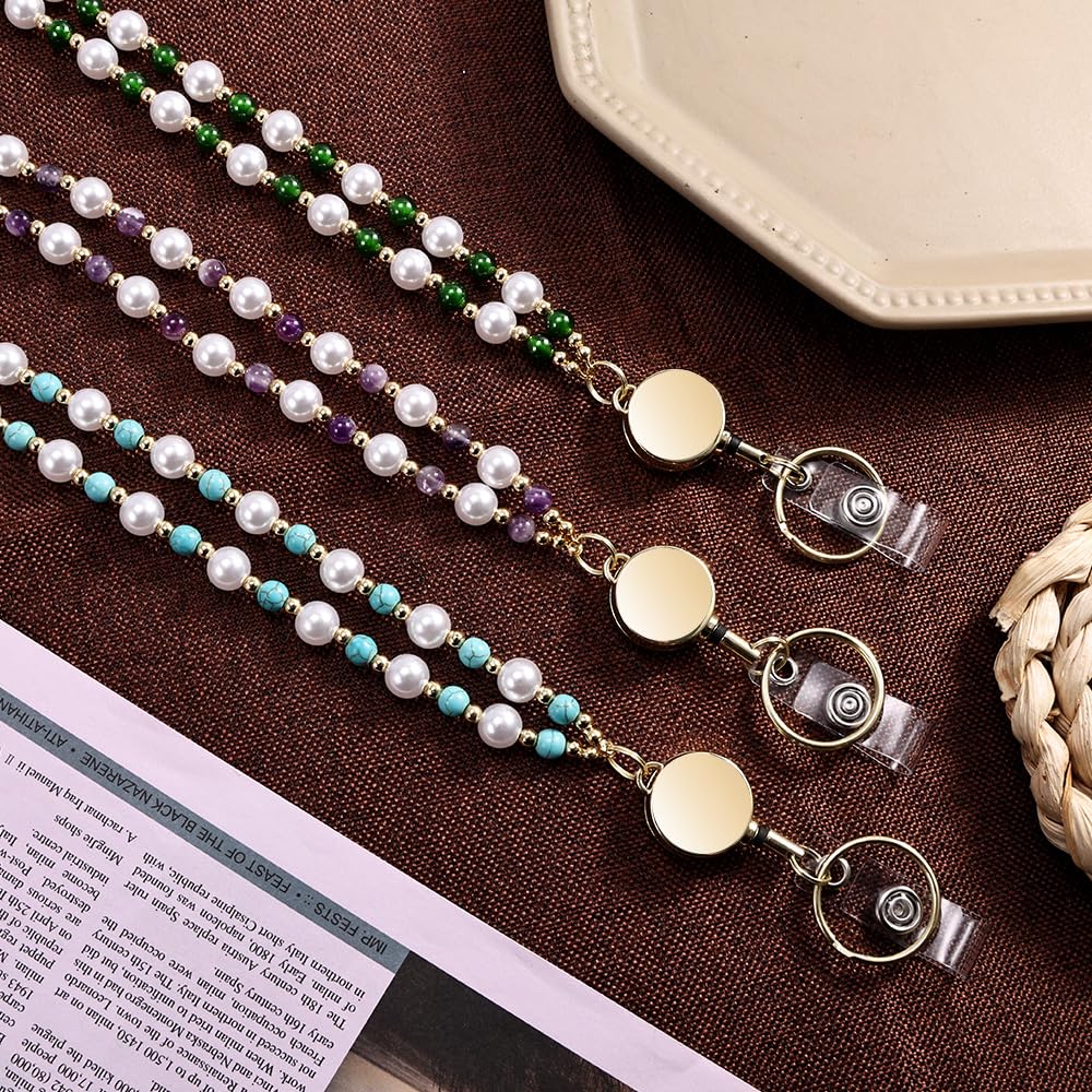 Retractable Pearl ID Badges and Key Lanyards, Natural Crystal Handmade Beaded Teacher Women's Lanyards
