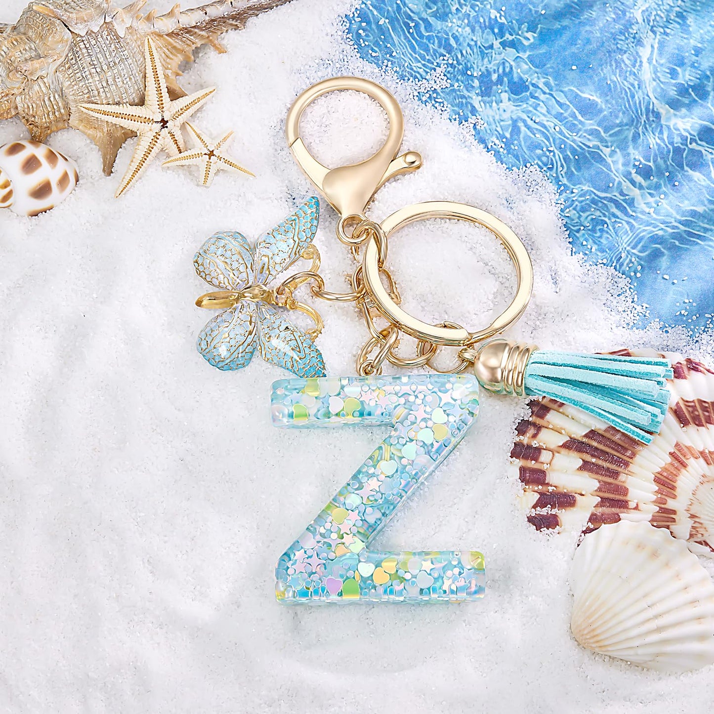 Fashion Alphabet Initial Letter Keychain Tassel Butterfly Pendant Key Ring for Purse Handbags Women Girl