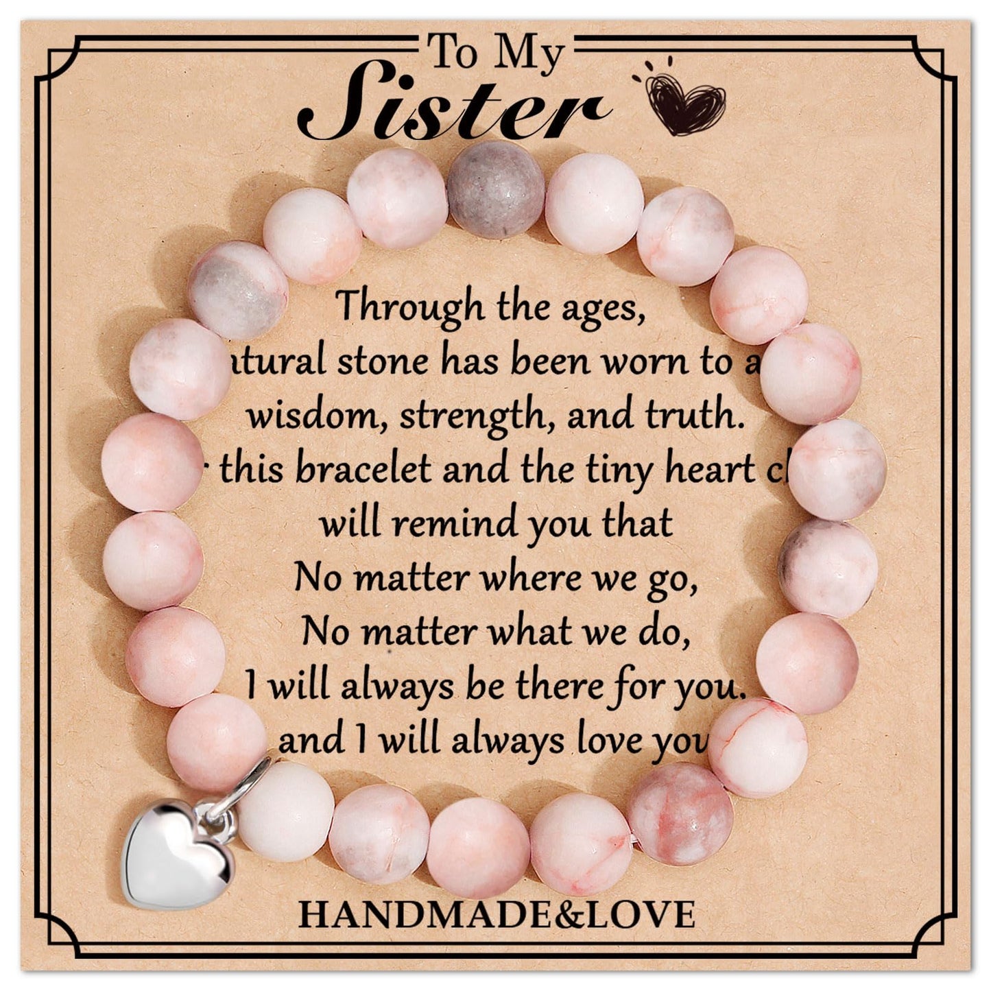 Jewelry&Card Christmas Gifts for Sister Best Friend, Natural Stone Heart Friendship Bracelets for Sister Best Friend Bestie Women