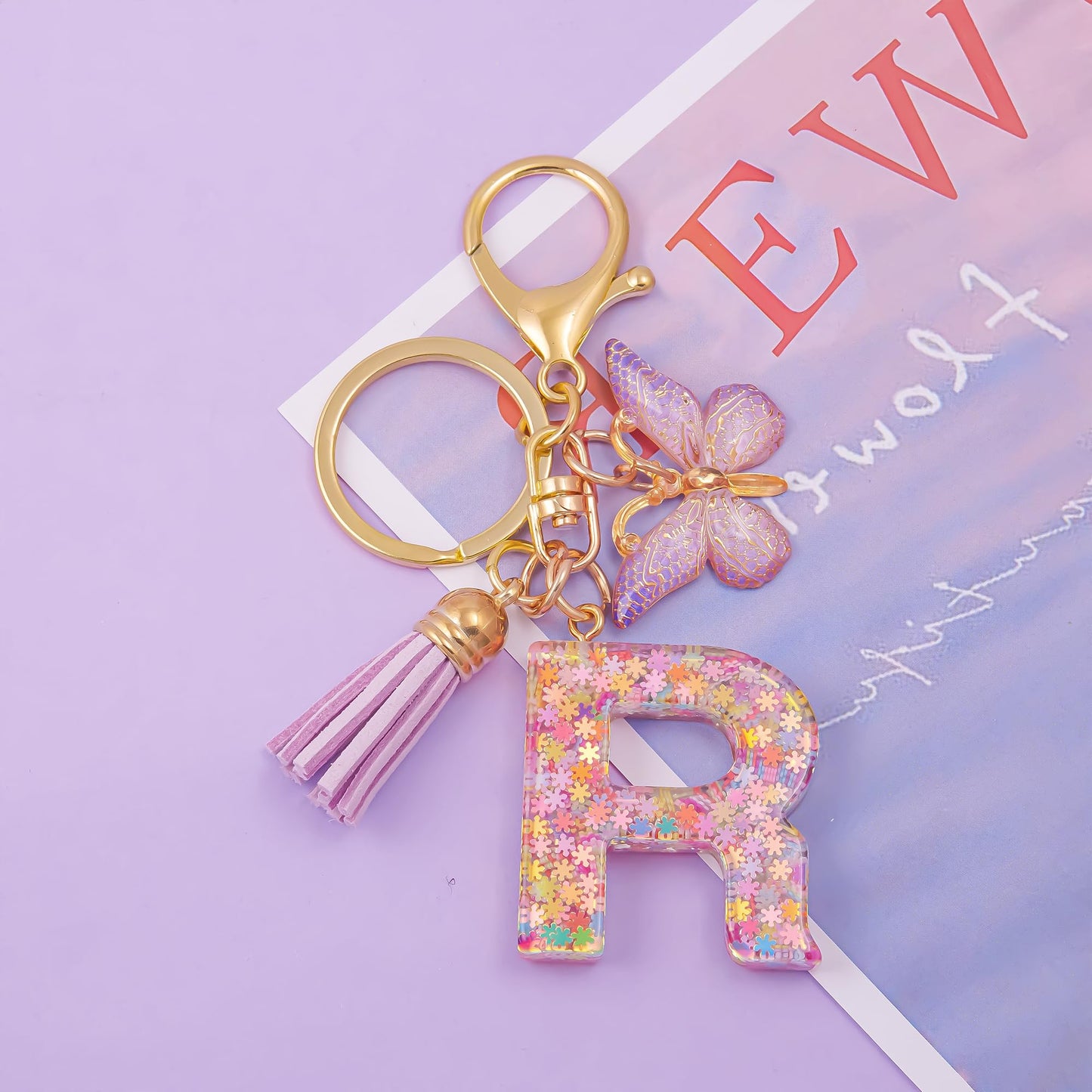 Fashion Alphabet Initial Letter Keychain Tassel Butterfly Pendant Key Ring for Purse Handbags Women Girl